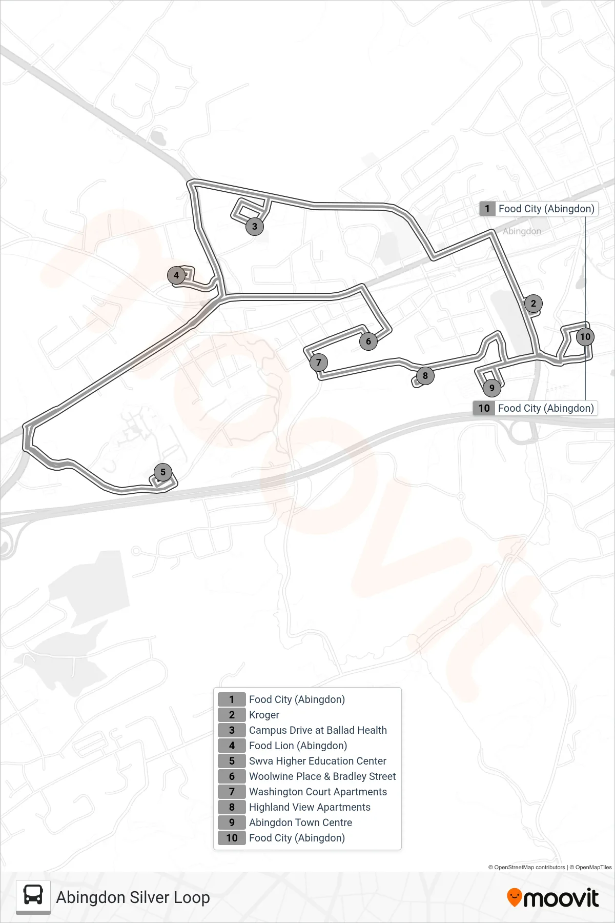 ABINGDON SILVER LOOP bus Line (Food City (Abingdon)) route and stops on a map