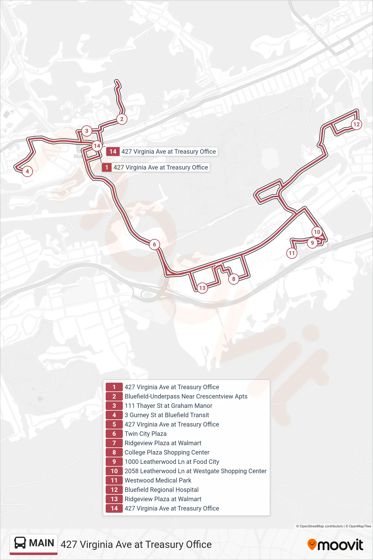 MAIN bus Line (427 Virginia Ave at Treasury Office) route and stops on a map