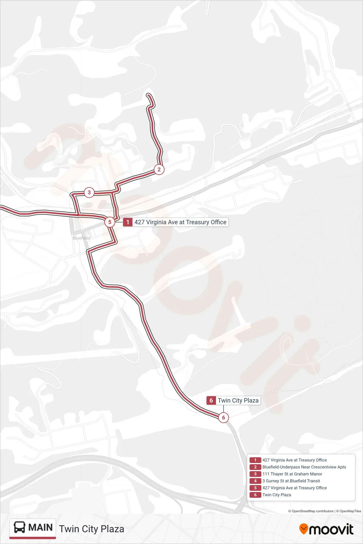MAIN bus Line (Twin City Plaza) route and stops on a map