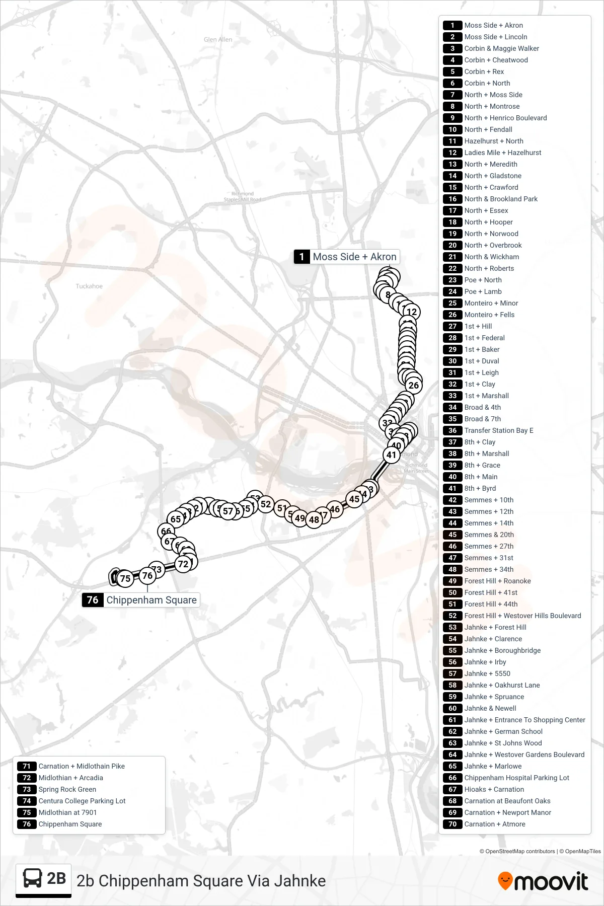 2B bus Line (2b Chippenham Square Via Jahnke) route and stops on a map