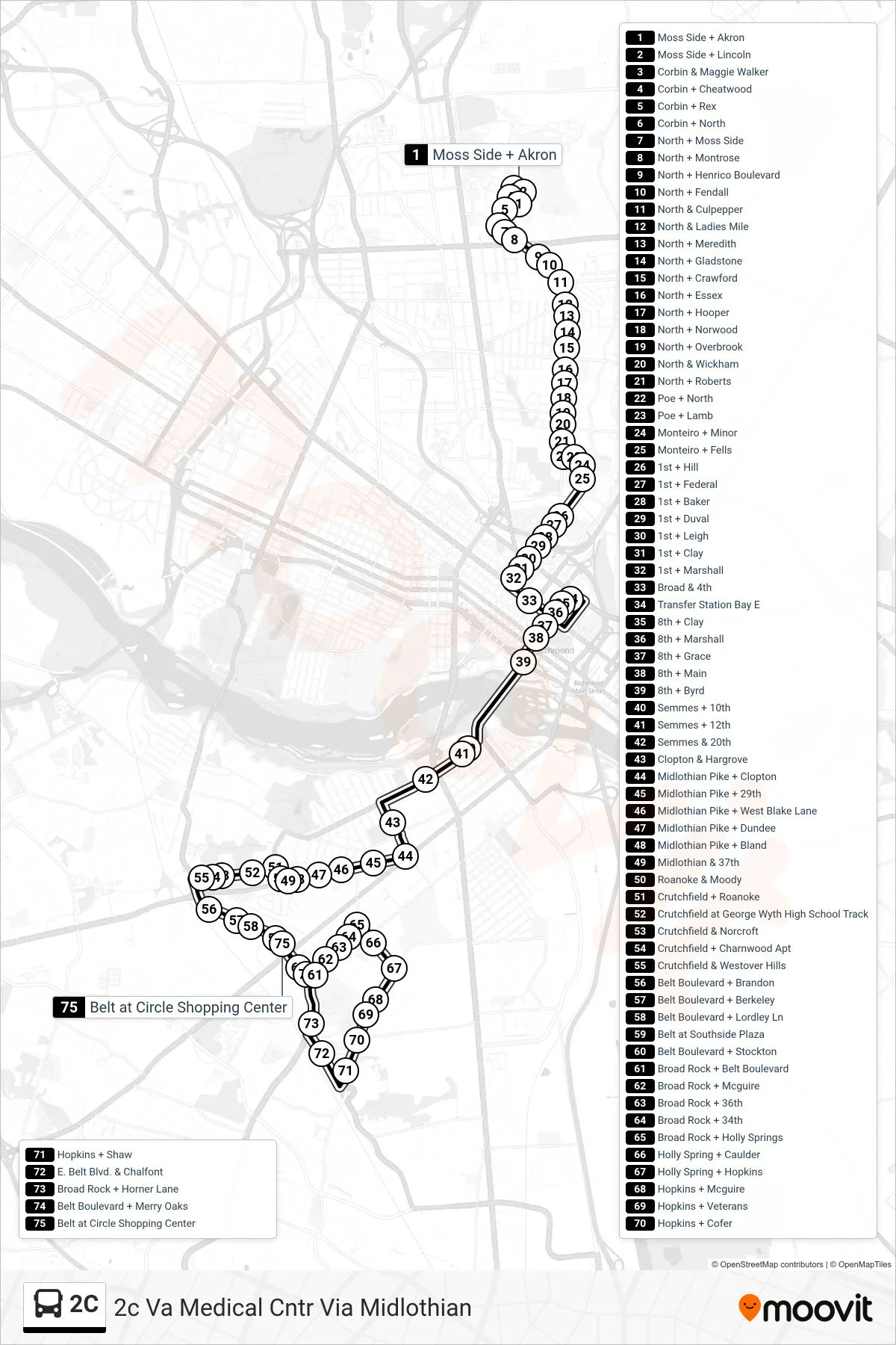2C bus Line (2c Va Medical Cntr Via Midlothian) route and stops on a map