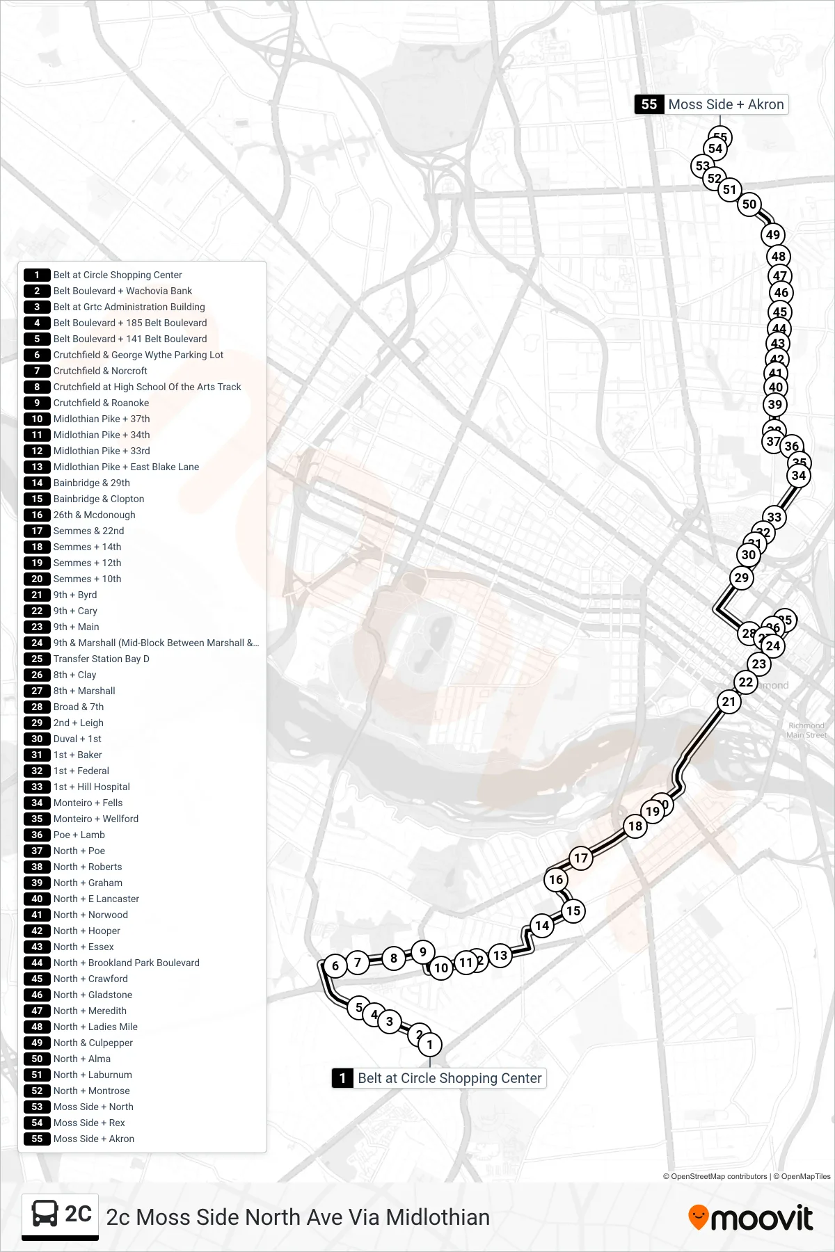 2C bus Line (2c Moss Side North Ave Via Midlothian) route and stops on a map