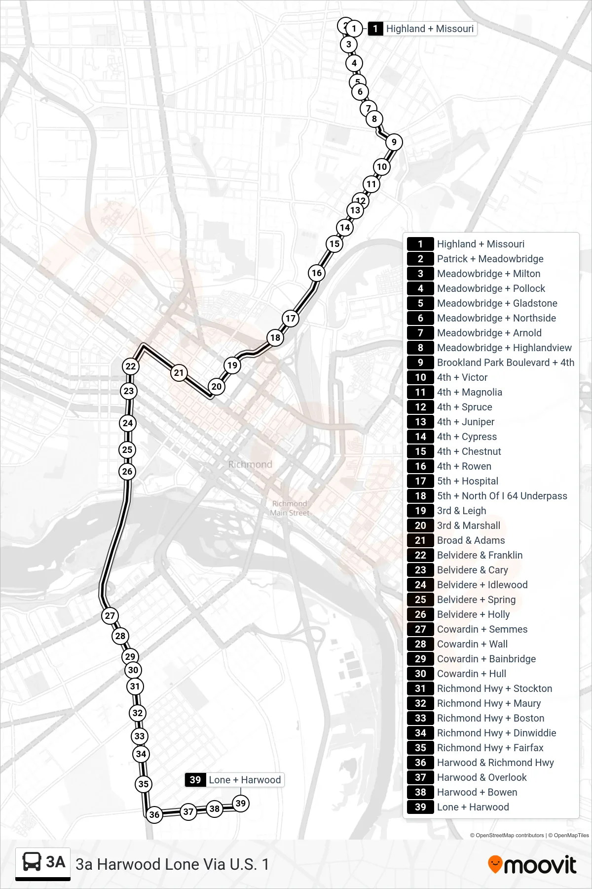 3A bus Line (3a Harwood Lone Via U.S. 1) route and stops on a map