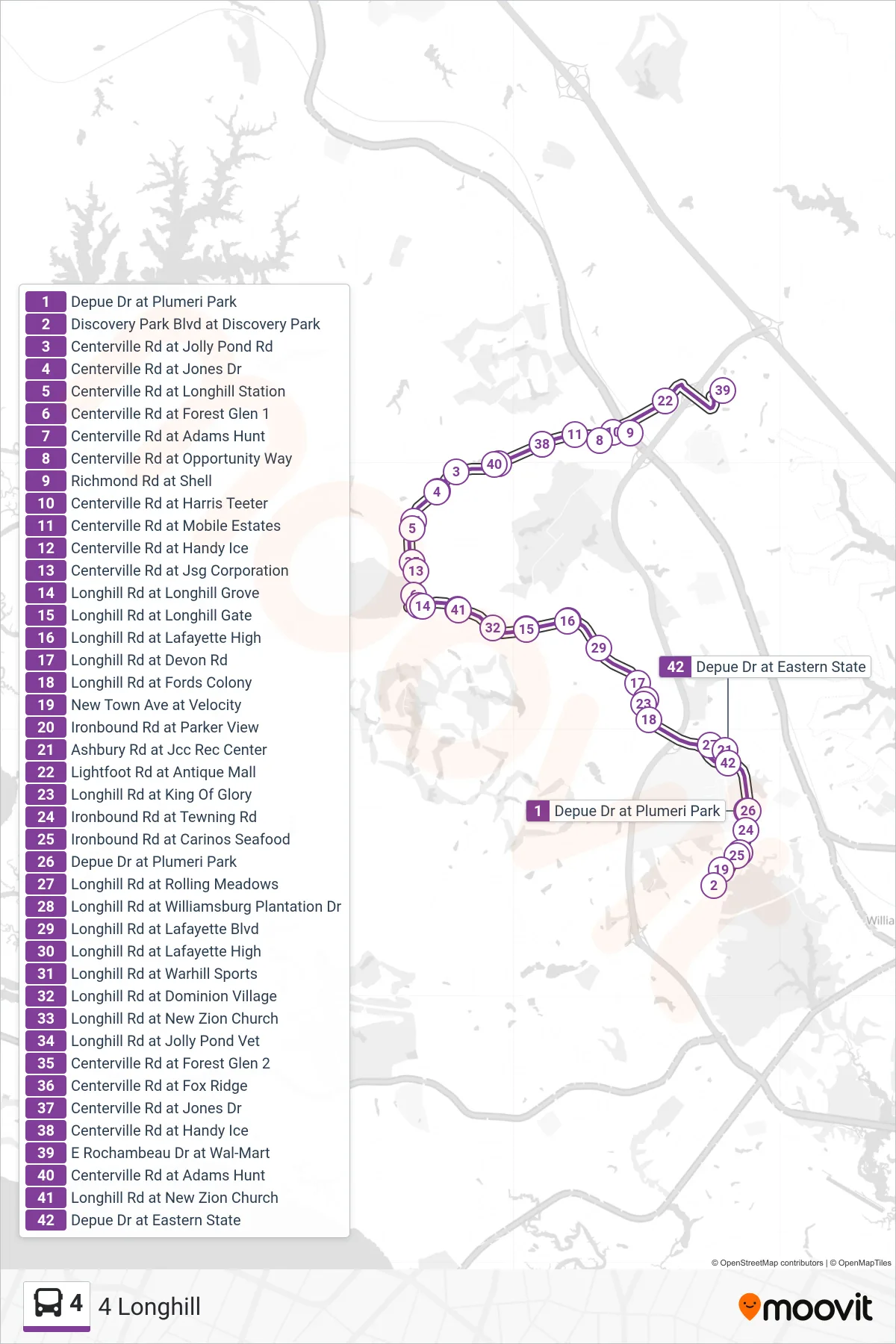 4 bus Line (4 Longhill) route and stops on a map