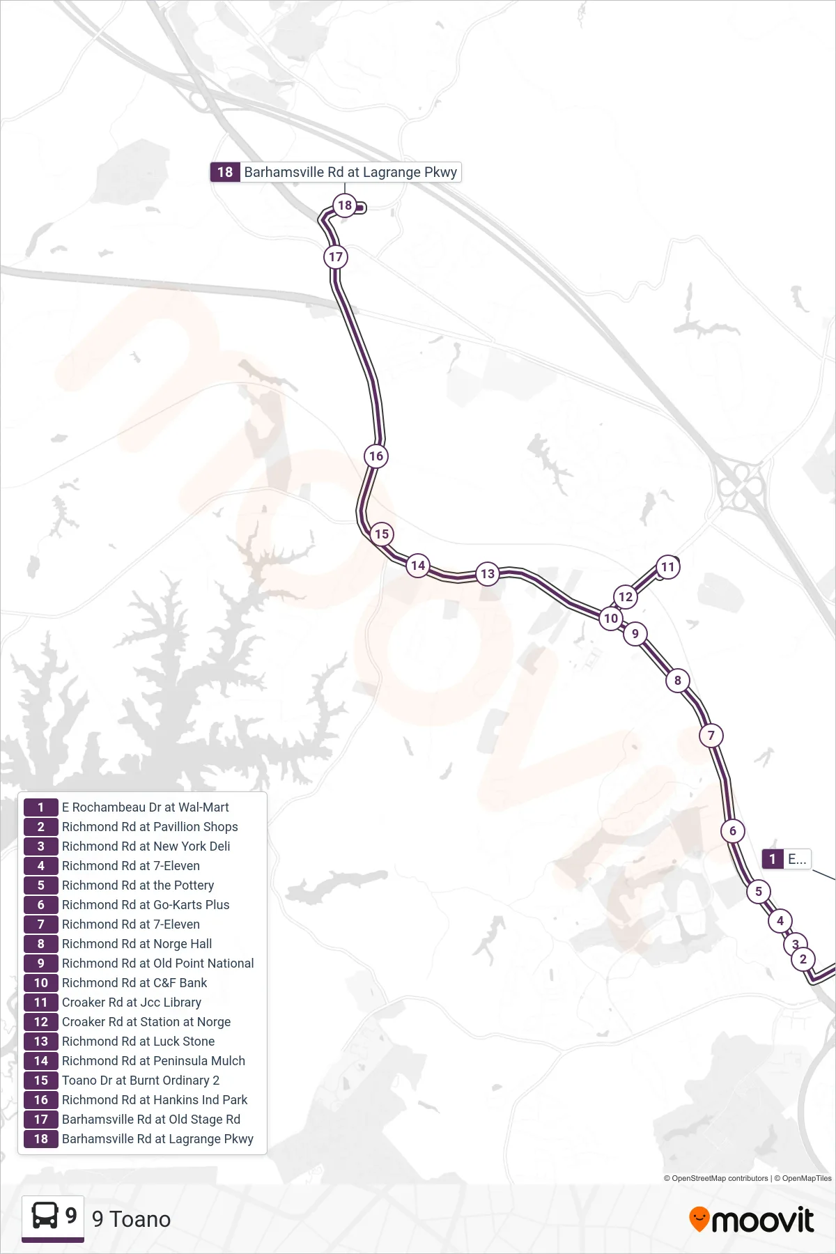 9 bus Line (9 Toano) route and stops on a map