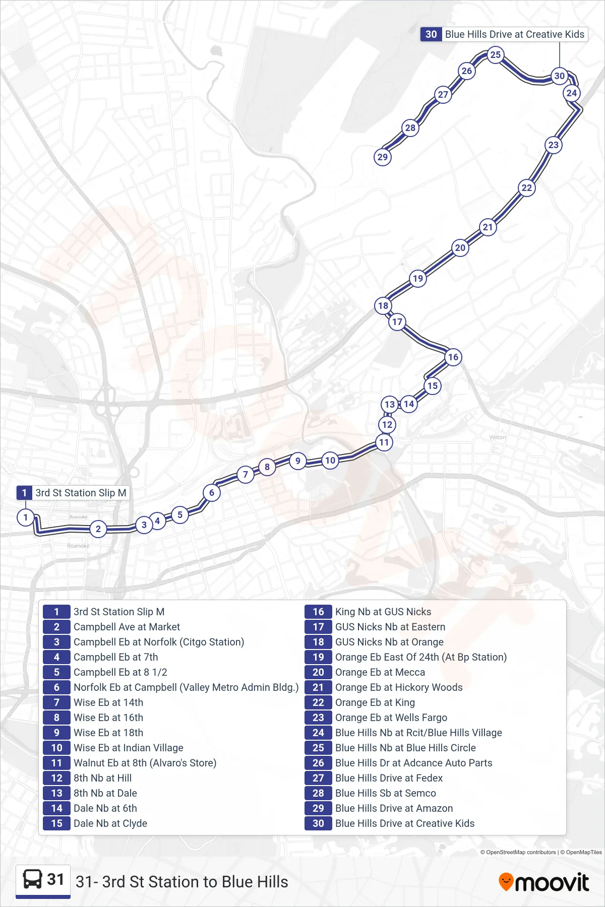 31 bus Line (31 - Third Street Station To Blue Hills) route and stops on a map