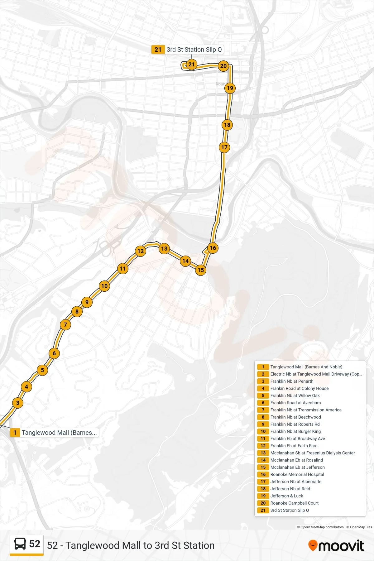 52 bus Line (3rd St Station Slip Q) route and stops on a map