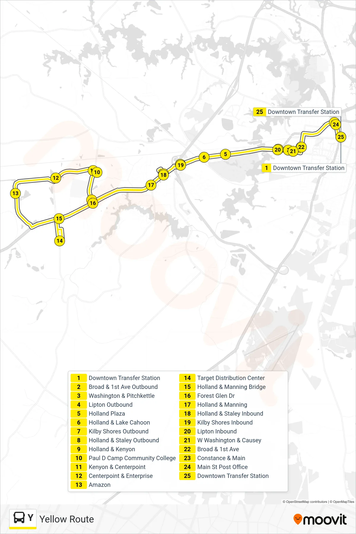 Y bus Line (Inbound) route and stops on a map