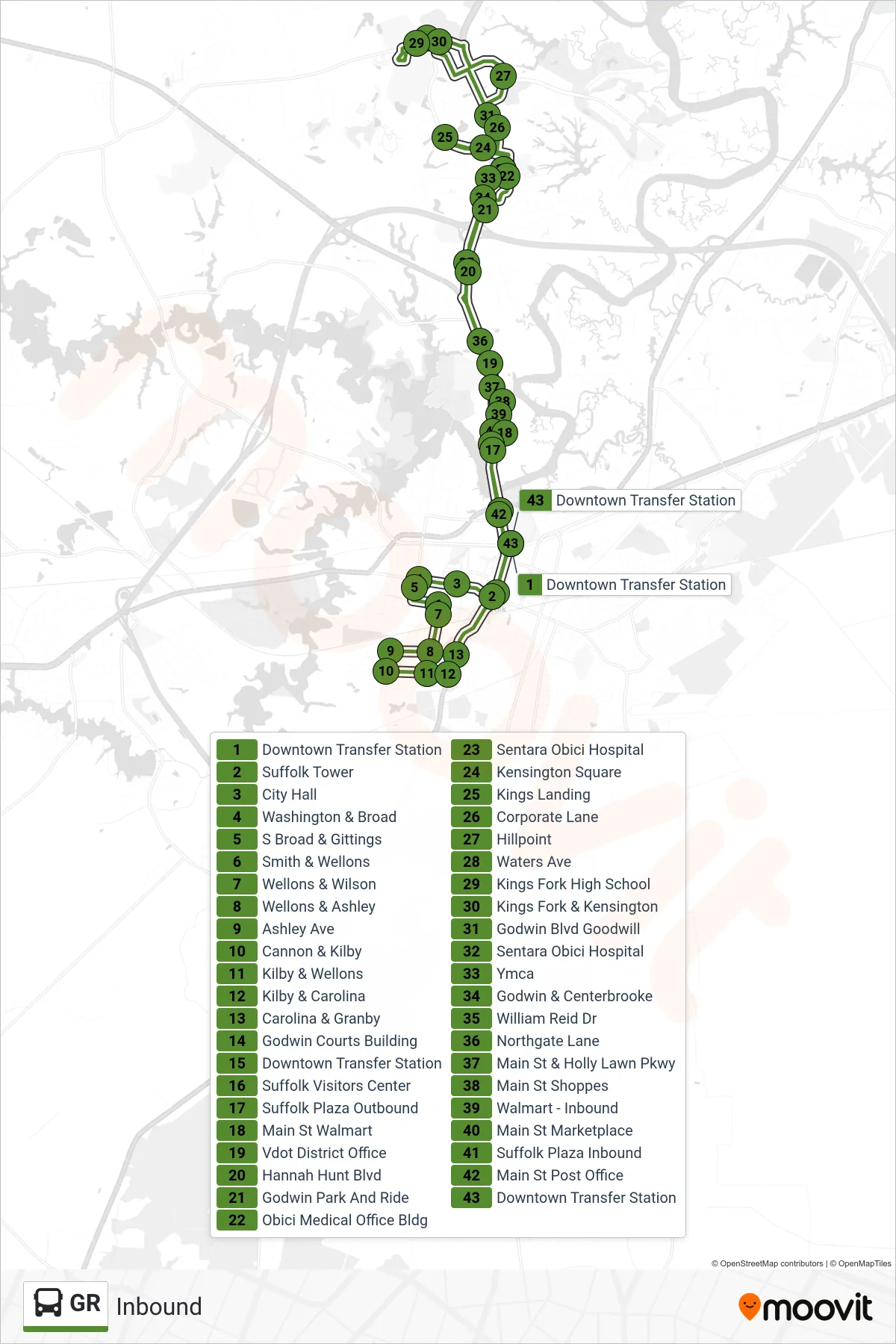 GR bus Line (Inbound) route and stops on a map