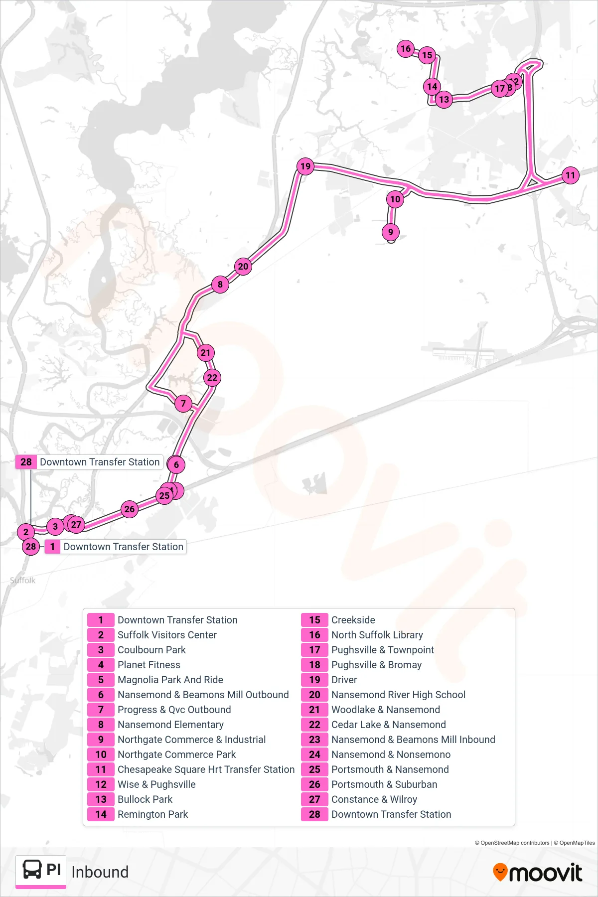 PI bus Line (Inbound) route and stops on a map