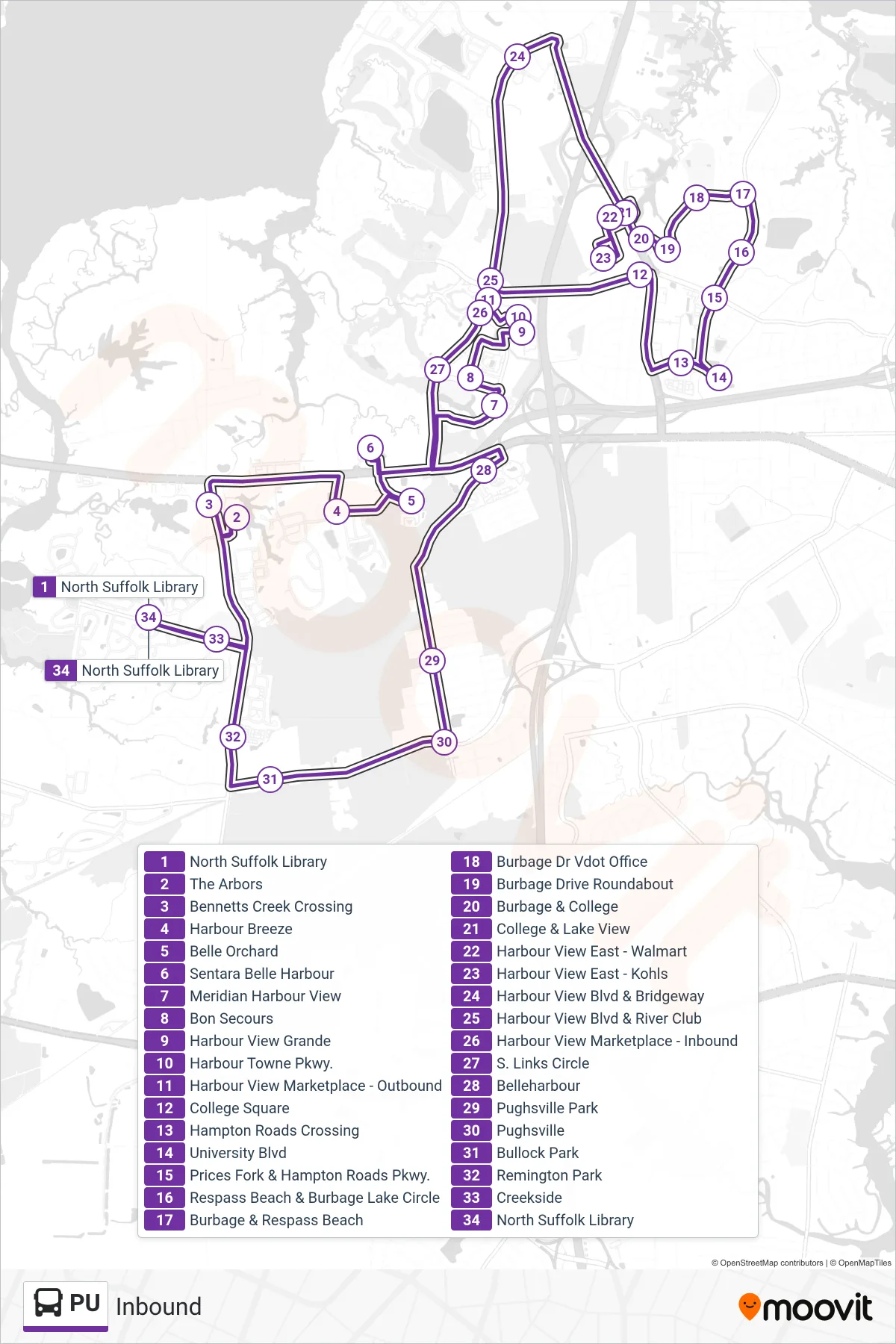 PU bus Line (Inbound) route and stops on a map
