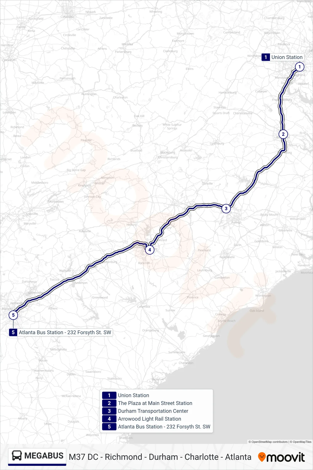 MEGABUS bus Line (Atlanta, Ga) route and stops on a map