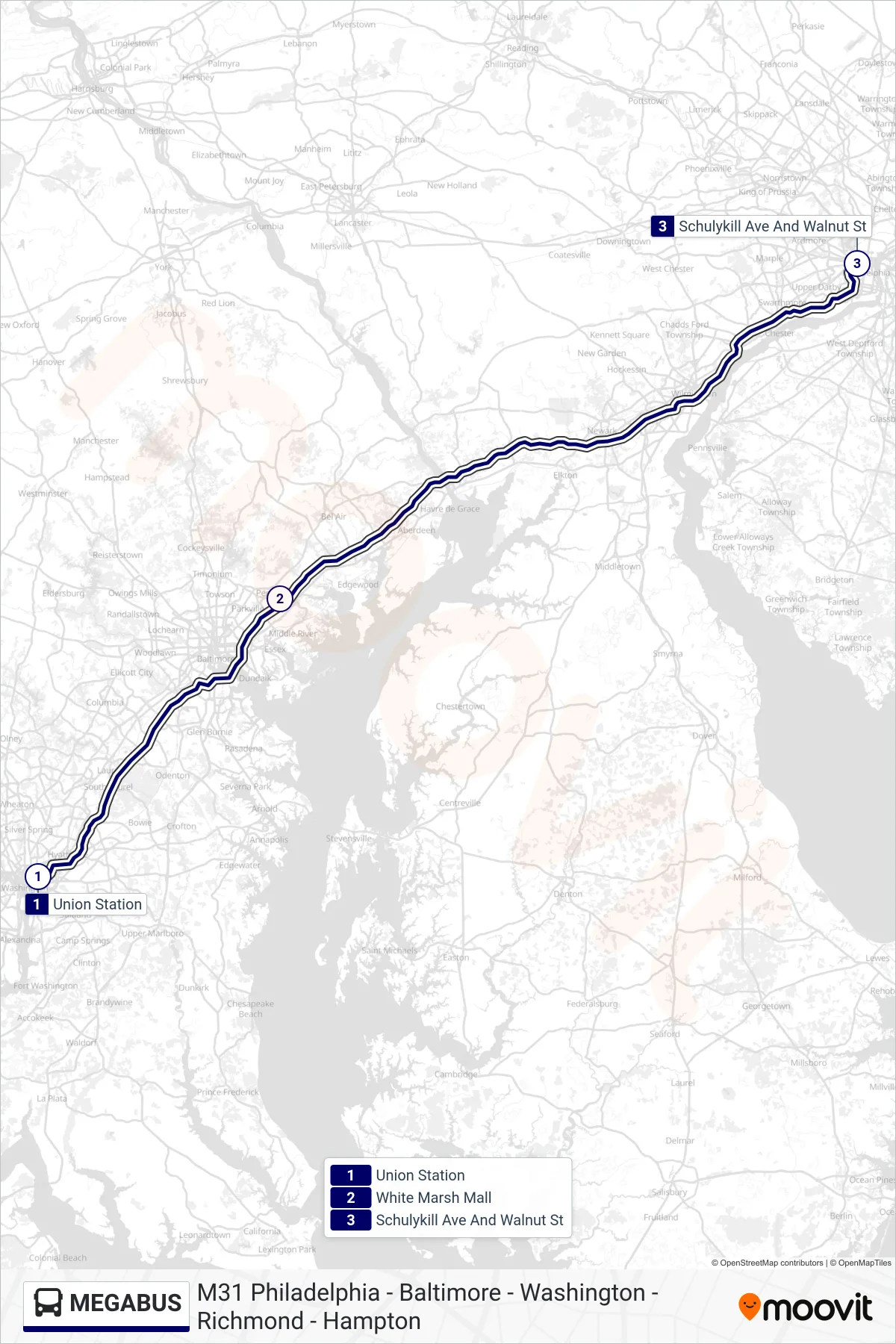 MEGABUS bus Line (Philadelphia, Pa) route and stops on a map