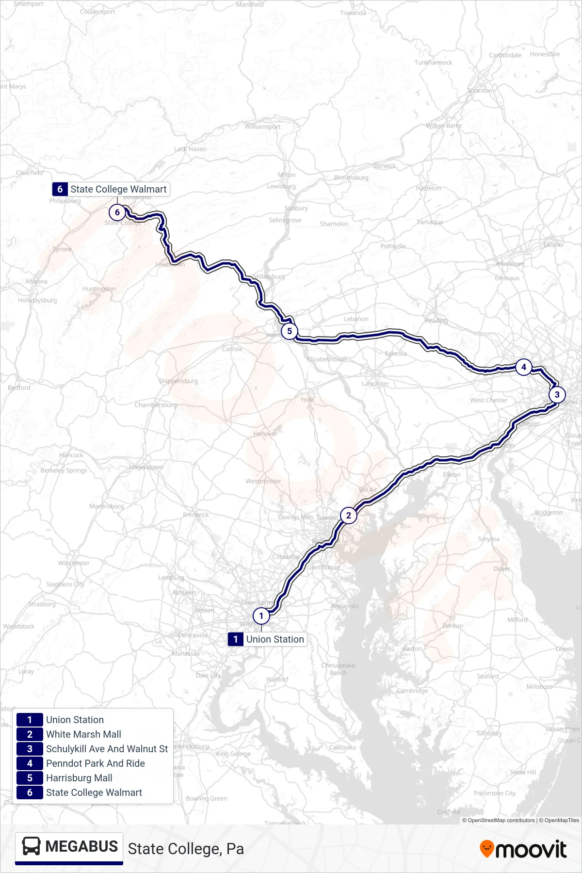 MEGABUS bus Line (State College, Pa) route and stops on a map