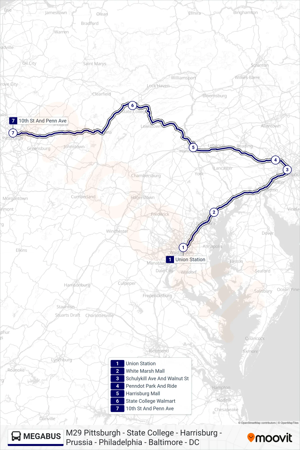 MEGABUS bus Line (Pittsburgh, Pa) route and stops on a map