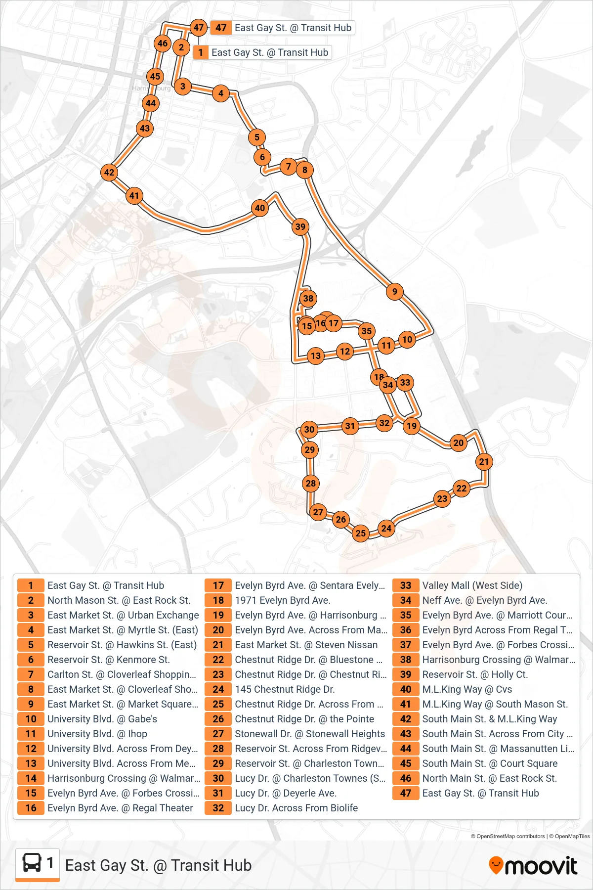 1 bus Line (East Gay St. @ Transit Hub) route and stops on a map