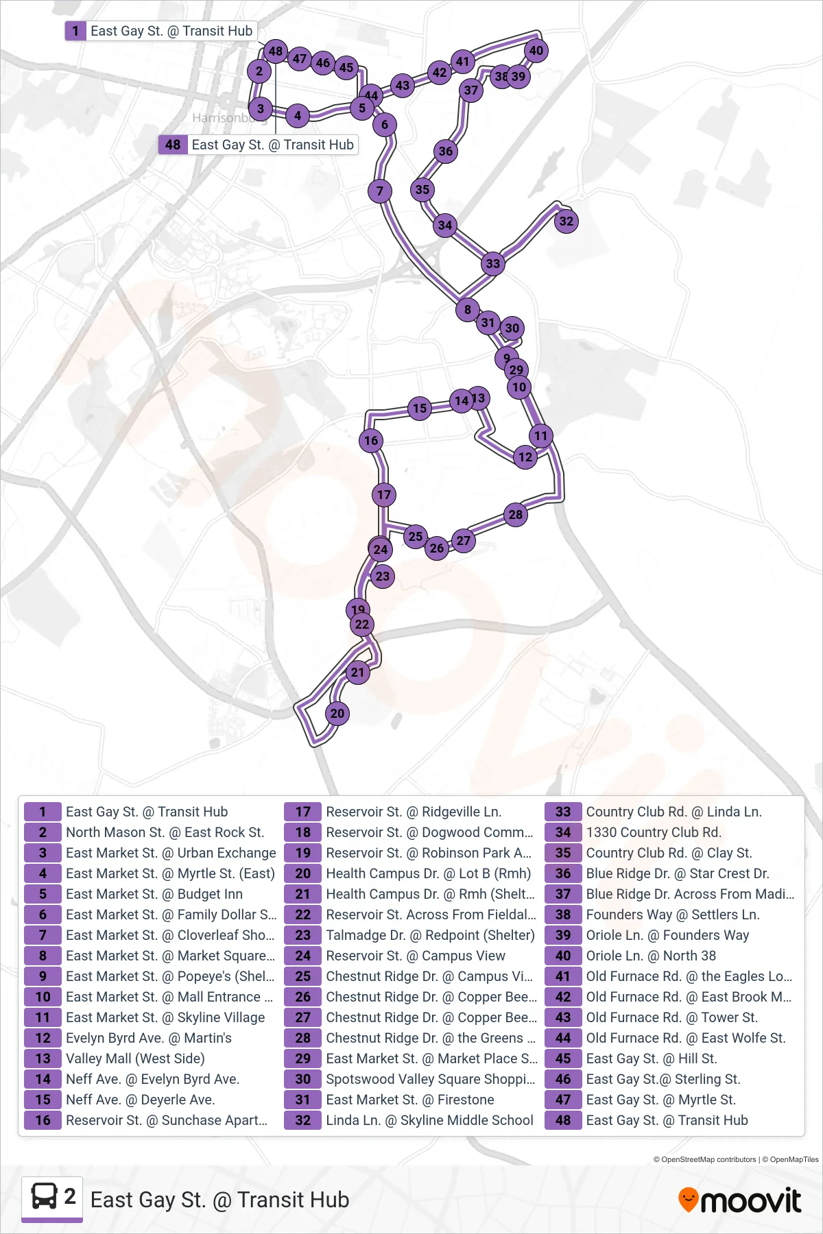 2 bus Line (East Gay St. @ Transit Hub) route and stops on a map