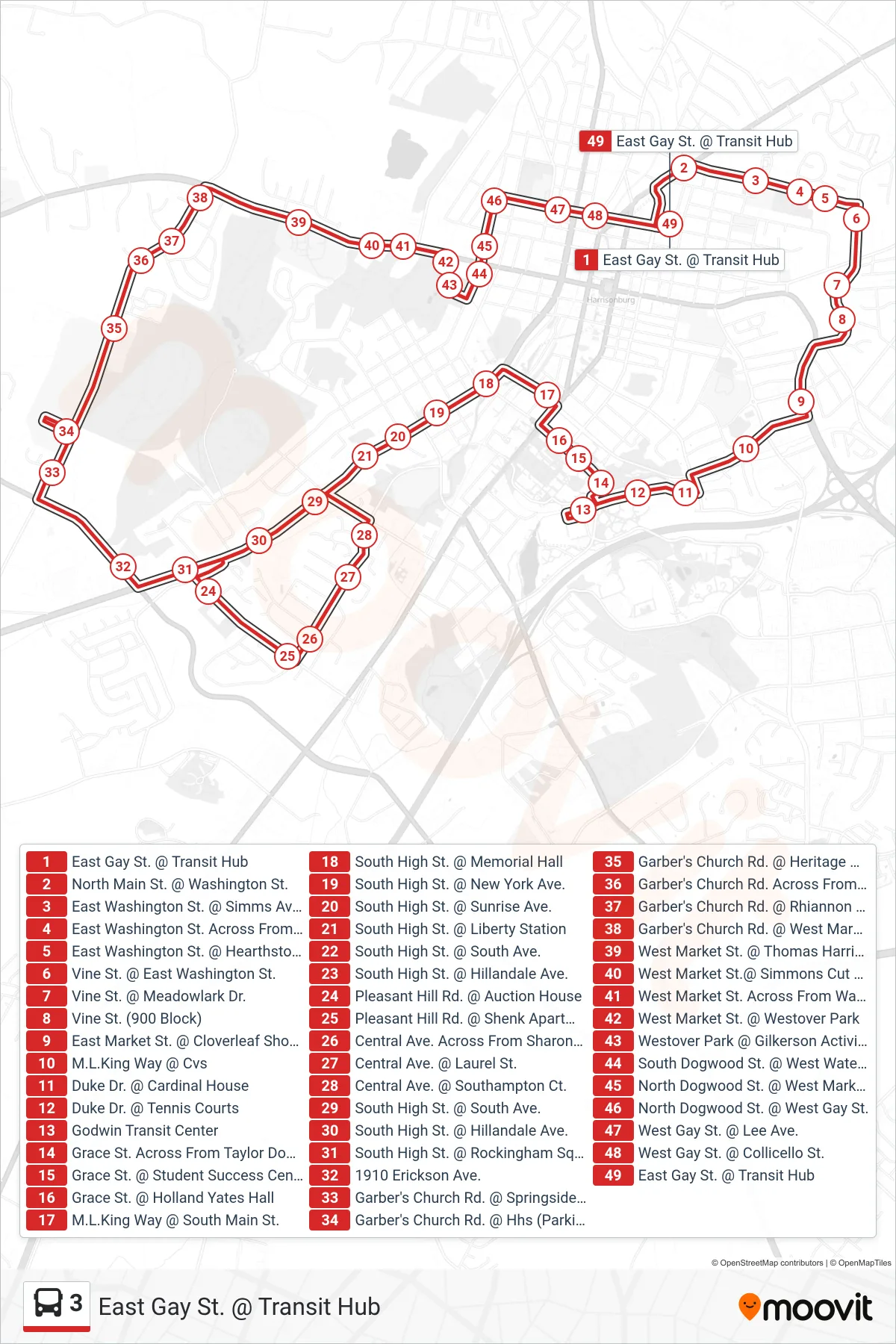 3 bus Line (East Gay St. @ Transit Hub) route and stops on a map
