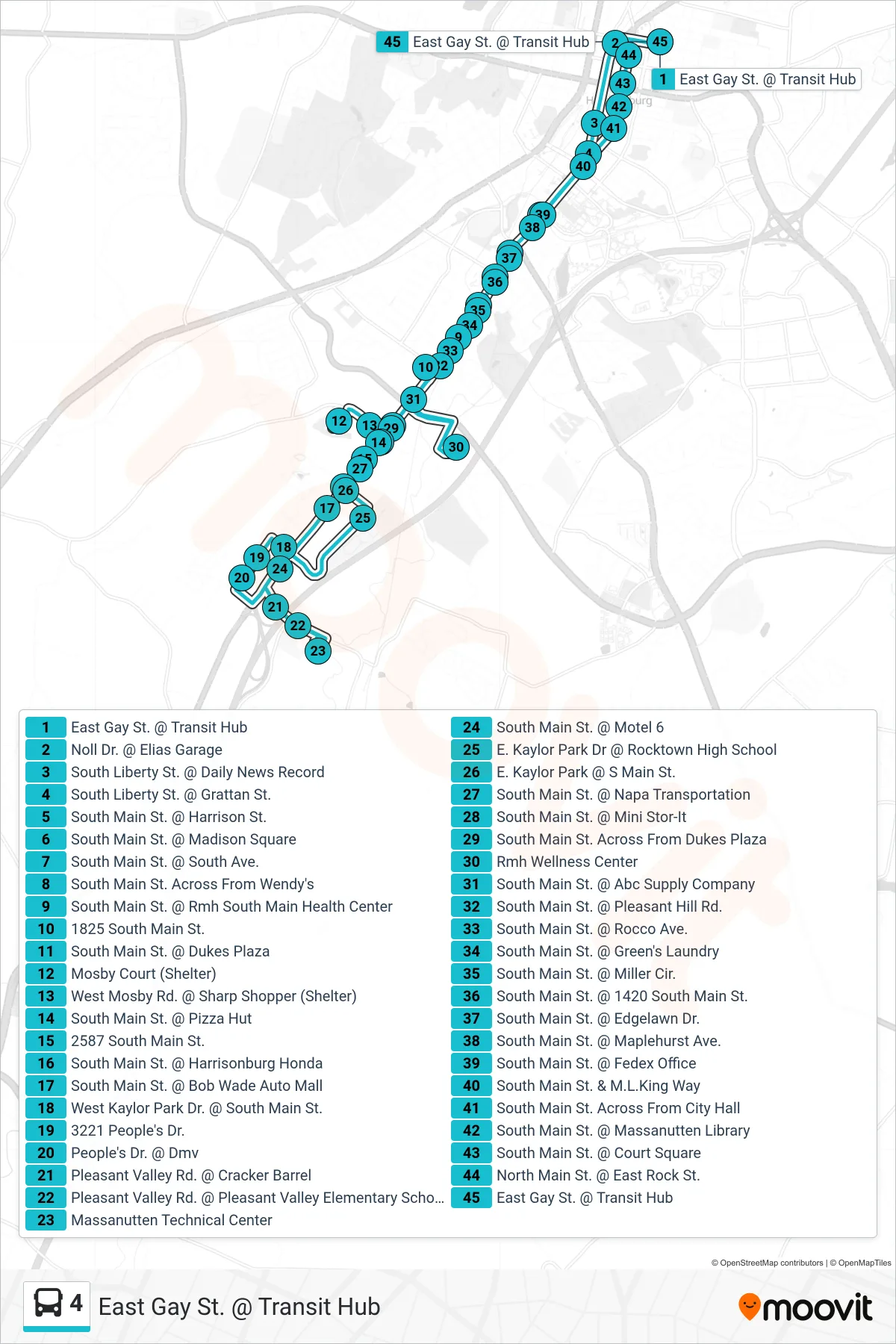 4 bus Line (East Gay St. @ Transit Hub) route and stops on a map