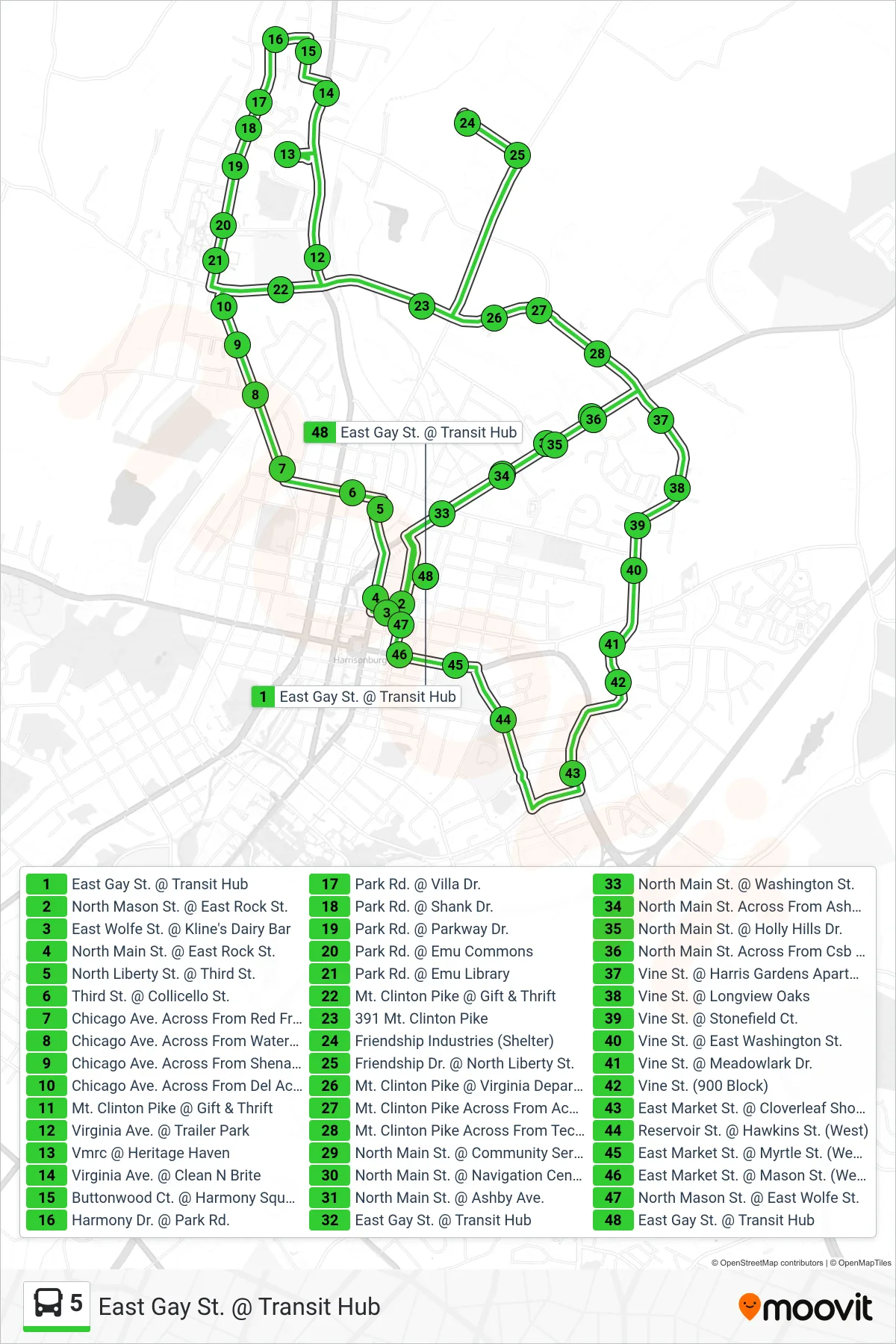 5 bus Line (East Gay St. @ Transit Hub) route and stops on a map