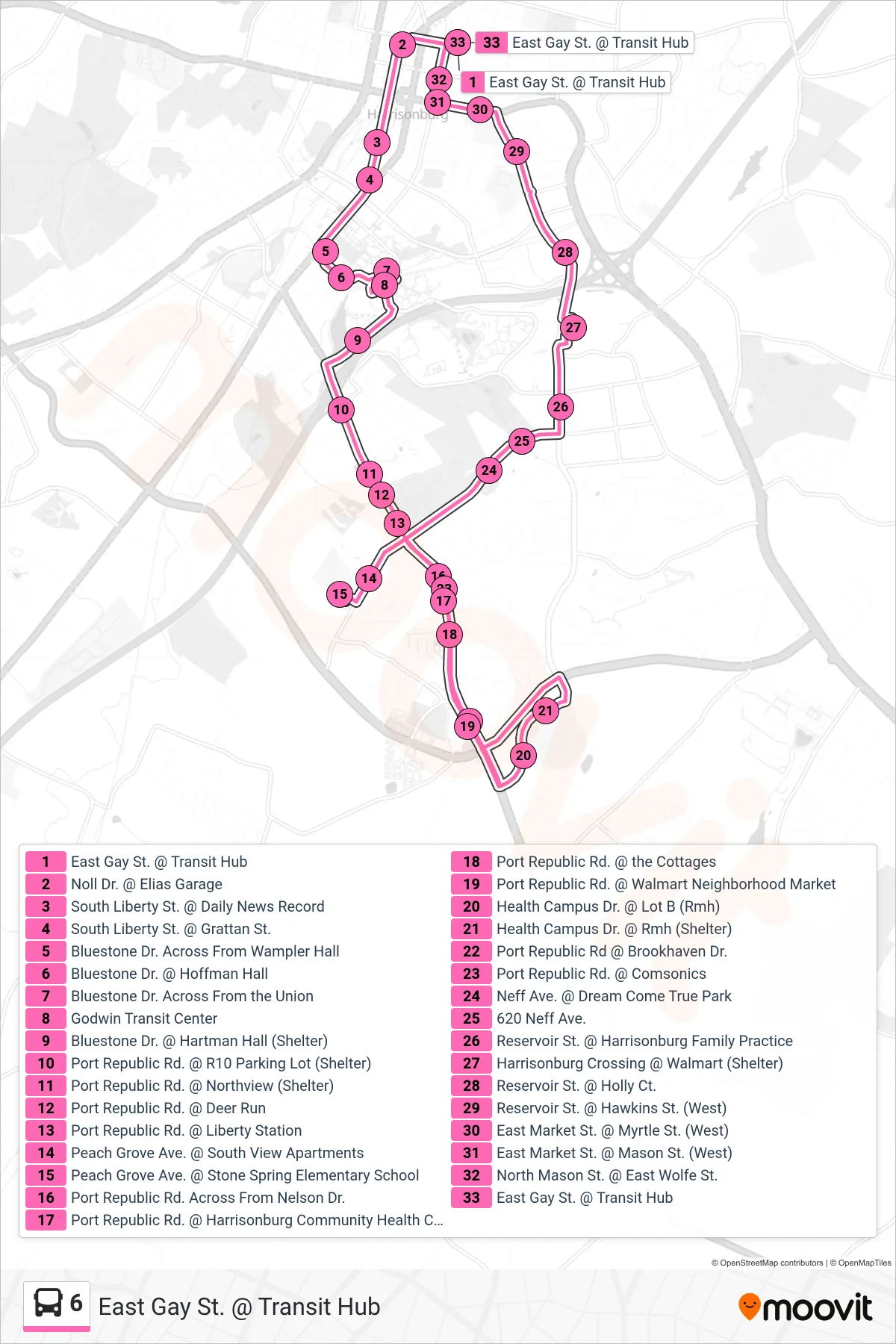 6 bus Line (East Gay St. @ Transit Hub) route and stops on a map