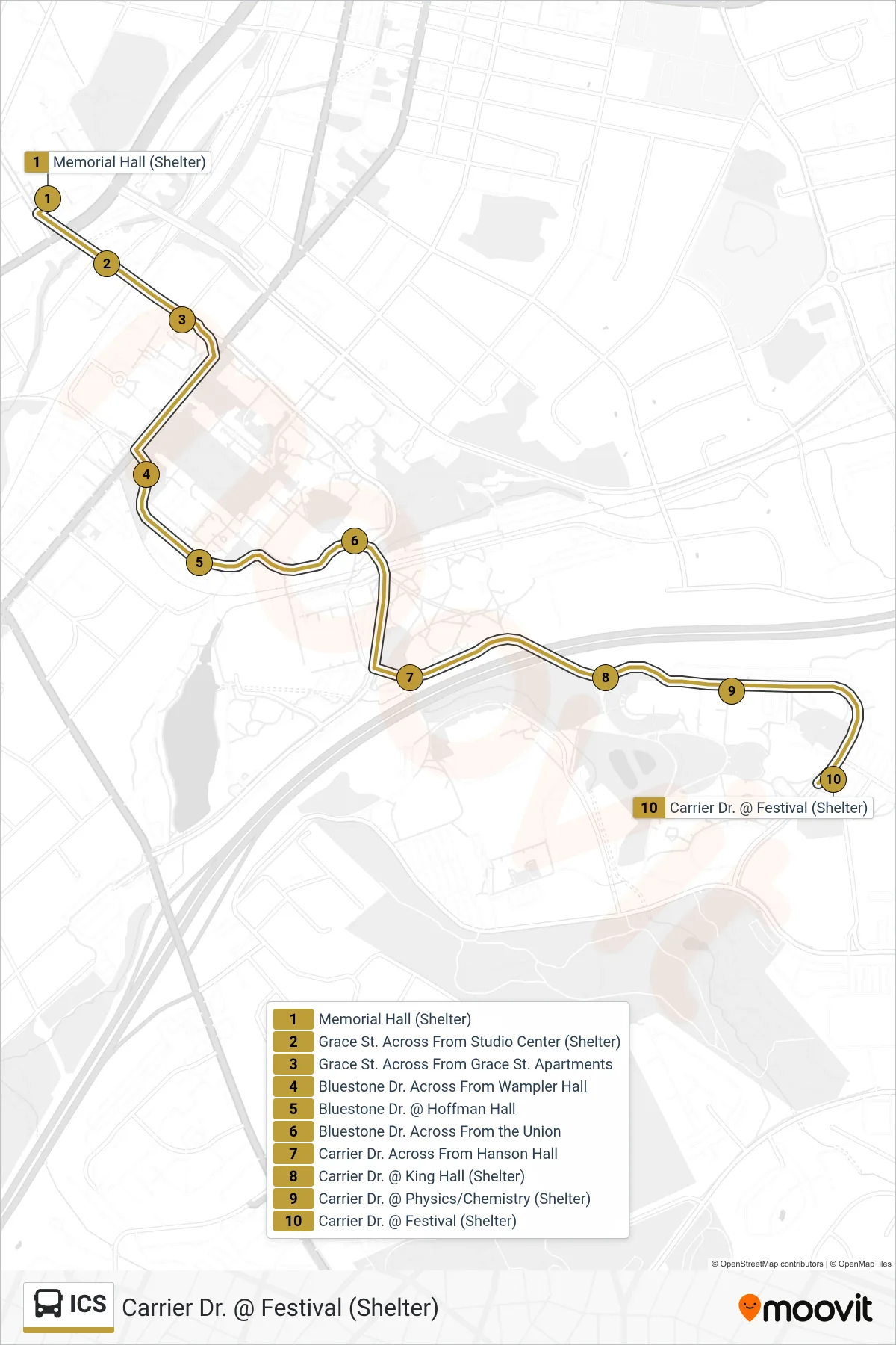 ICS bus Line (Carrier Dr. @ Festival (Shelter)) route and stops on a map