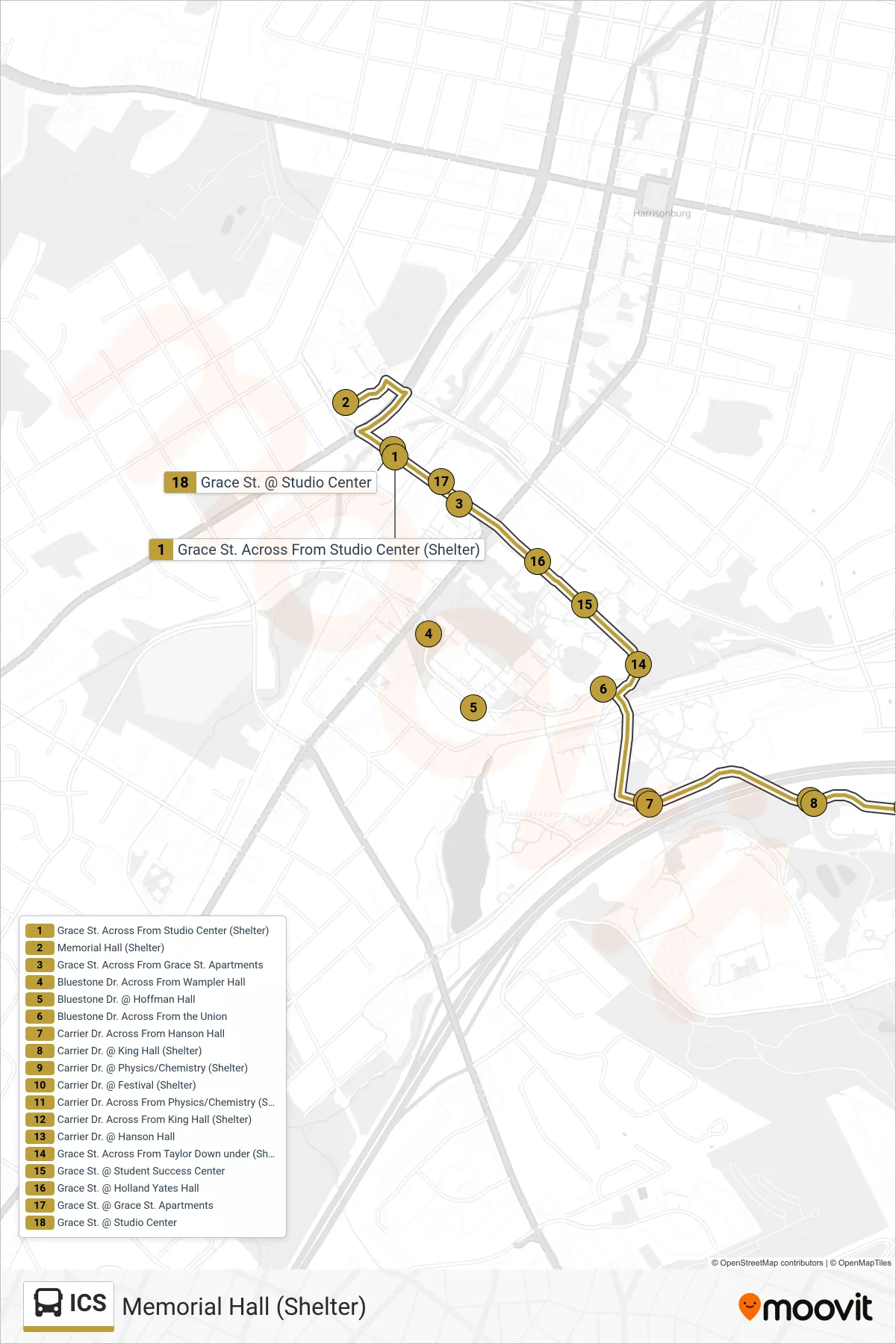 ICS bus Line (Memorial Hall (Shelter)) route and stops on a map