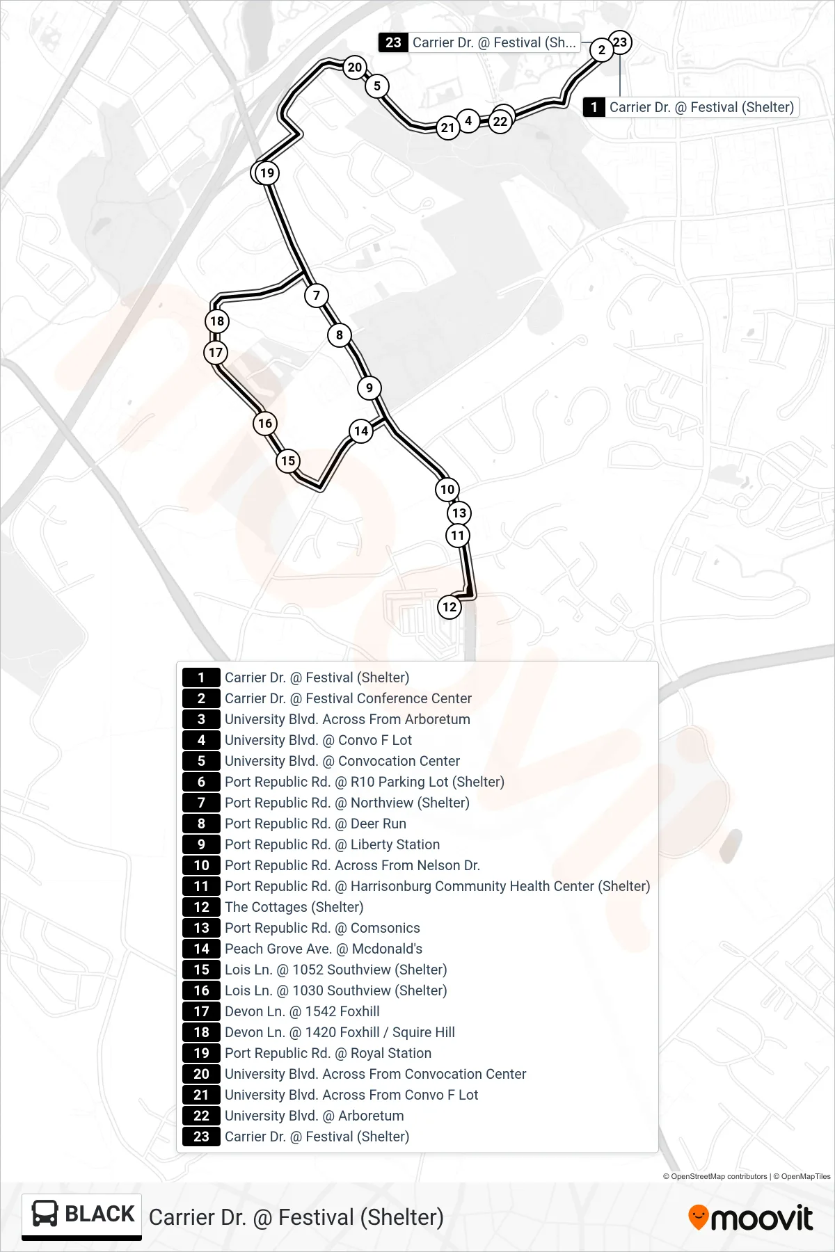 BLACK bus Line (Carrier Dr. @ Festival (Shelter)) route and stops on a map