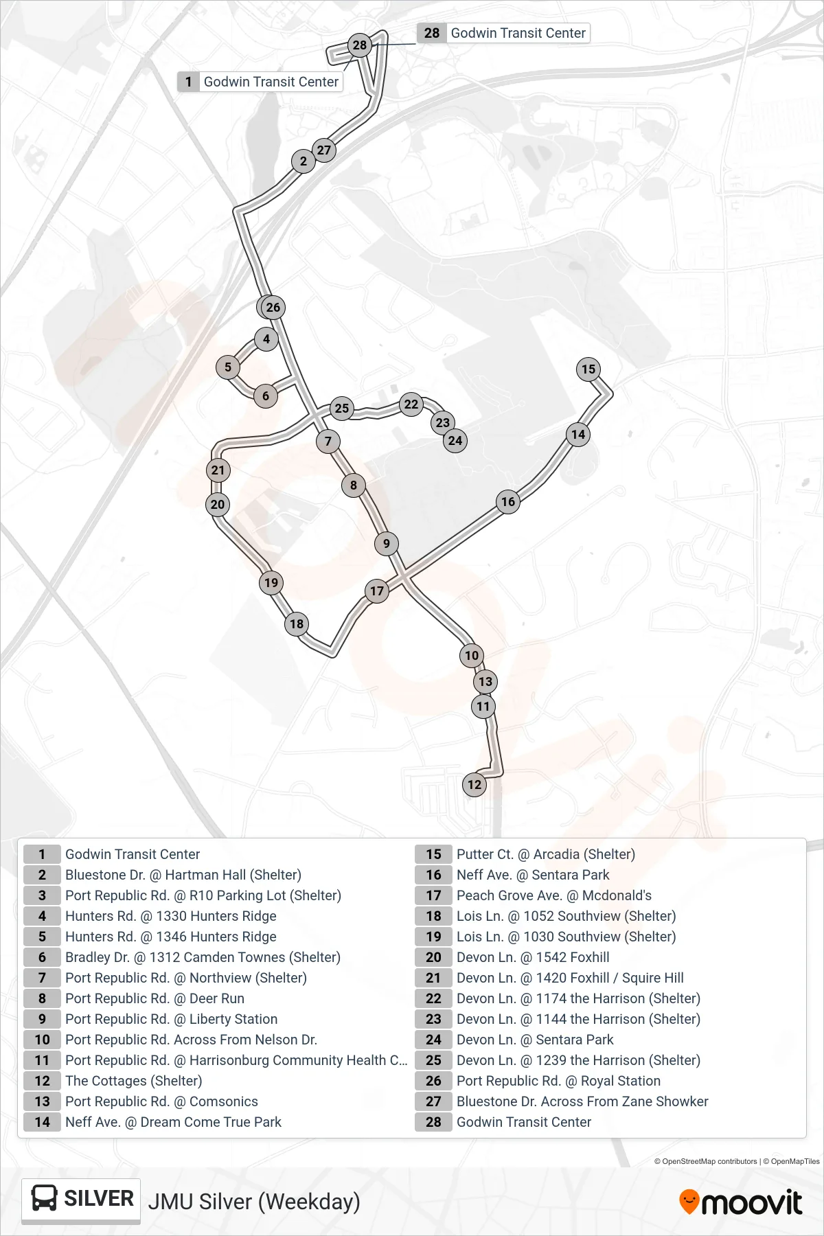 SILVER bus Line (Godwin Transit Center) route and stops on a map