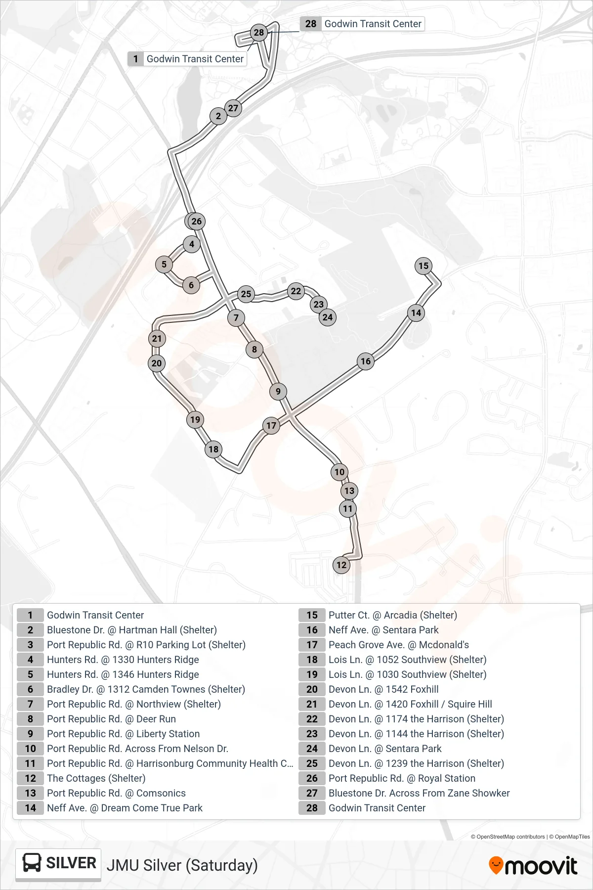 SILVER bus Line (Godwin Transit Center) route and stops on a map