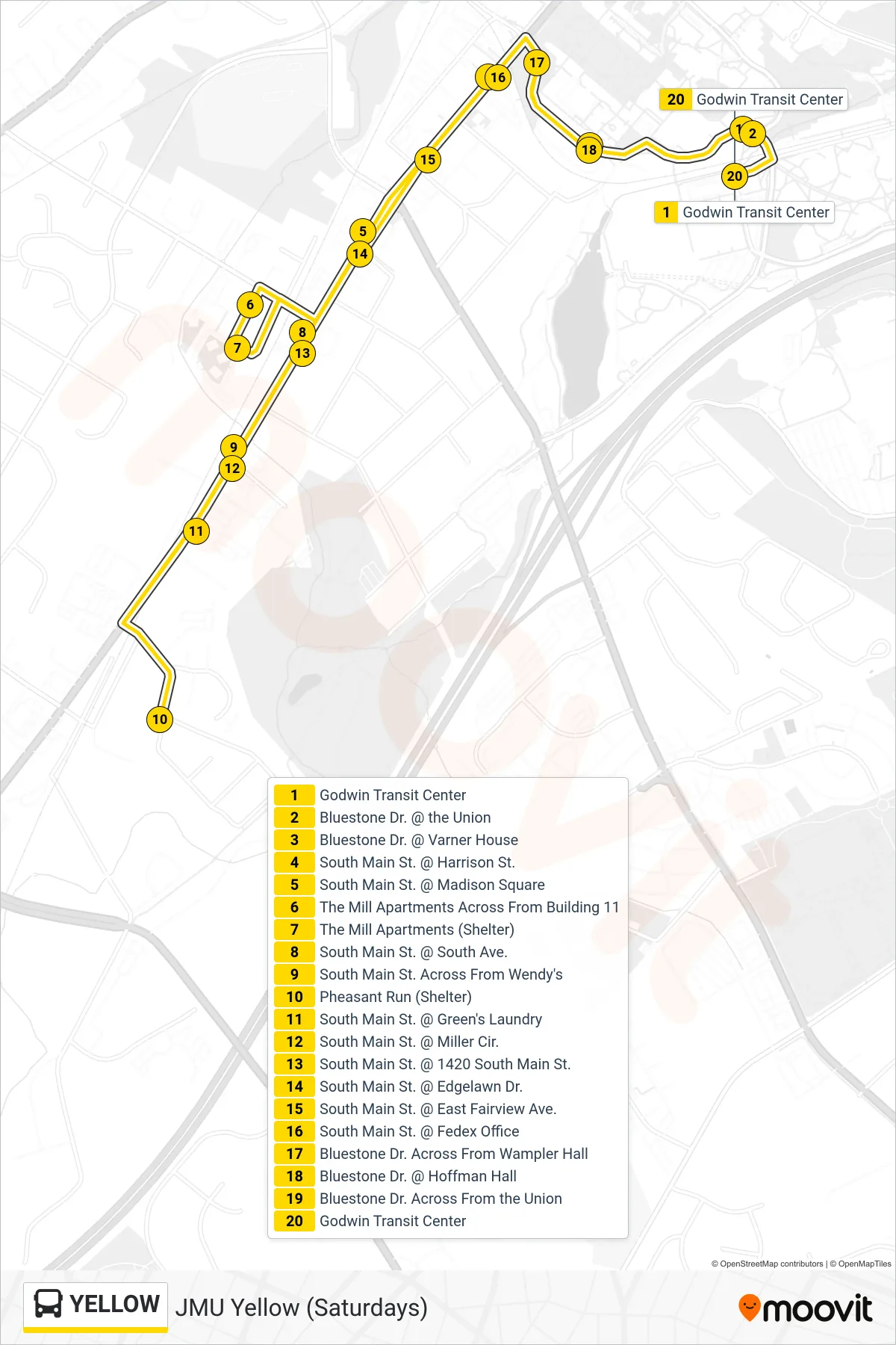 YELLOW bus Line (Godwin Transit Center) route and stops on a map