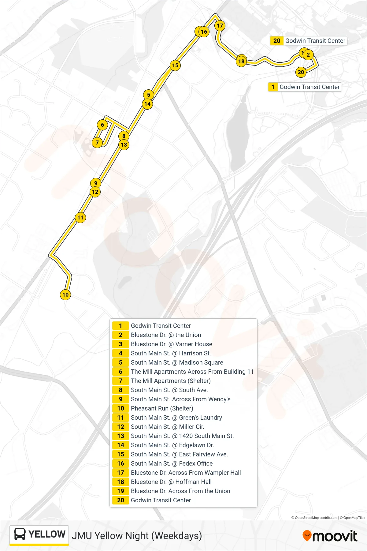YELLOW bus Line (Godwin Transit Center) route and stops on a map