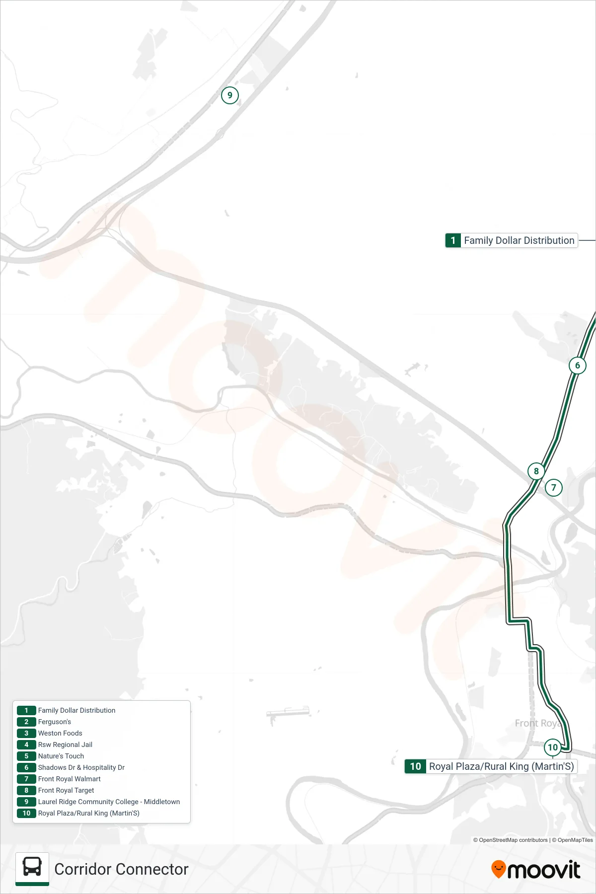 CORRIDOR CONNECTOR bus Line (Royal Plaza (Martin'S)) route and stops on a map