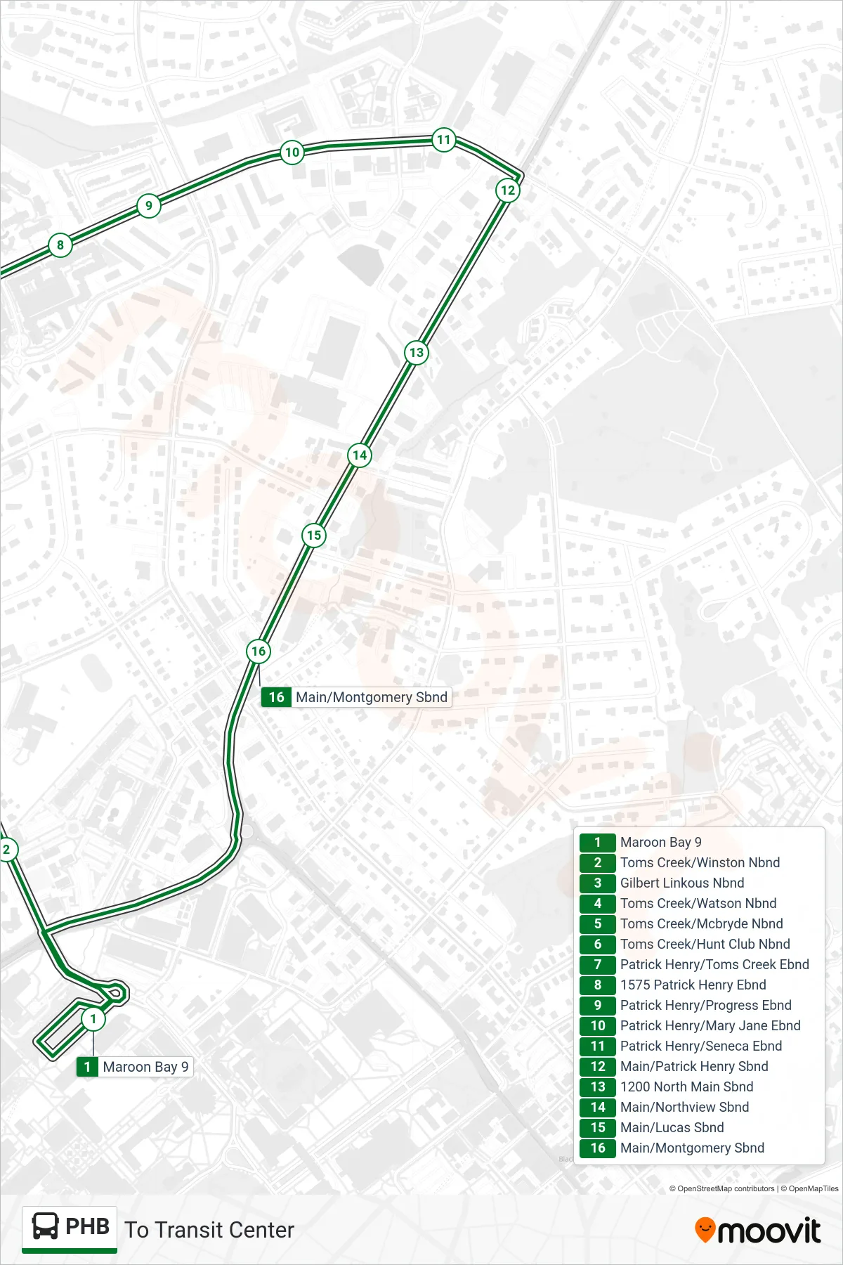 PHB bus Line (To Transit Center) route and stops on a map