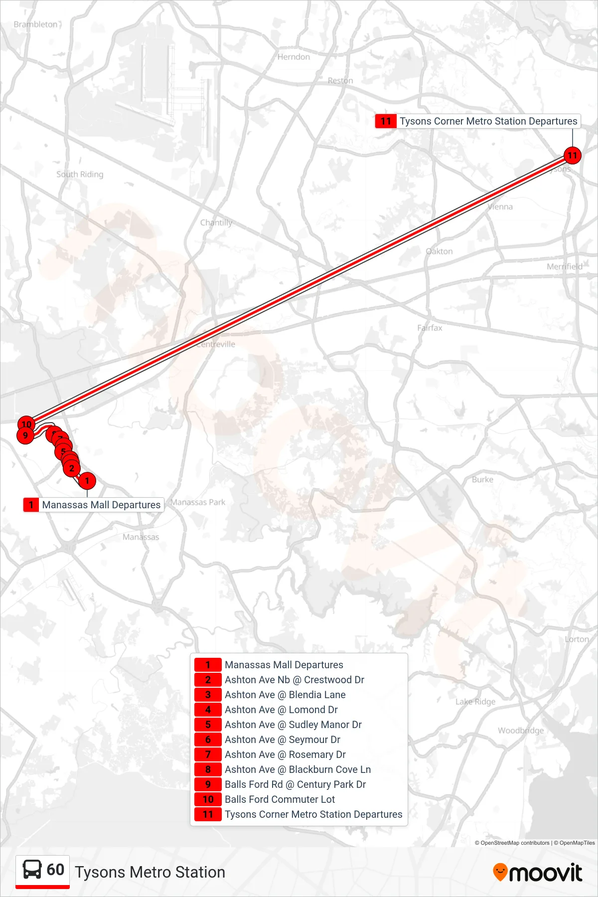 60 bus Line (Tysons Metro Station) route and stops on a map