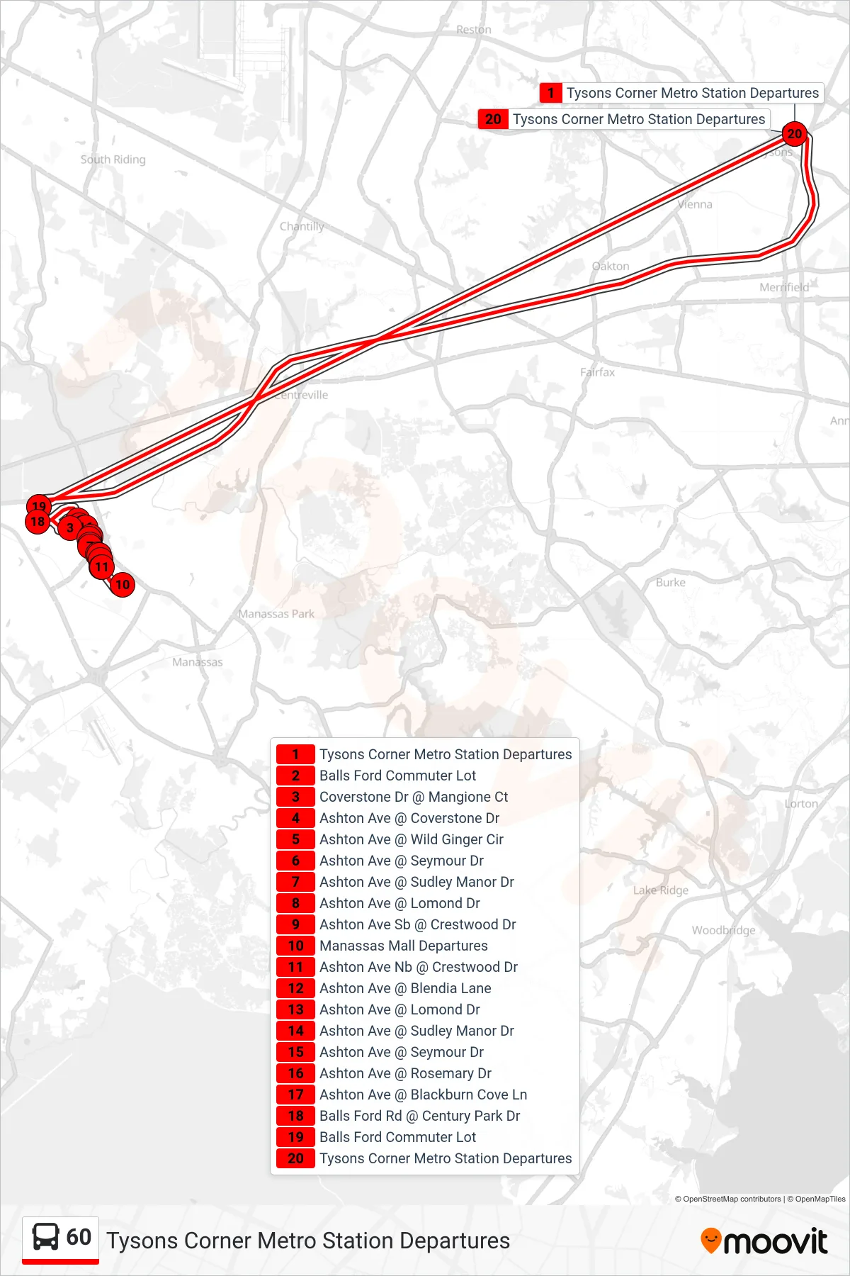 60 bus Line (Tysons Corner Metro Station Departures) route and stops on a map