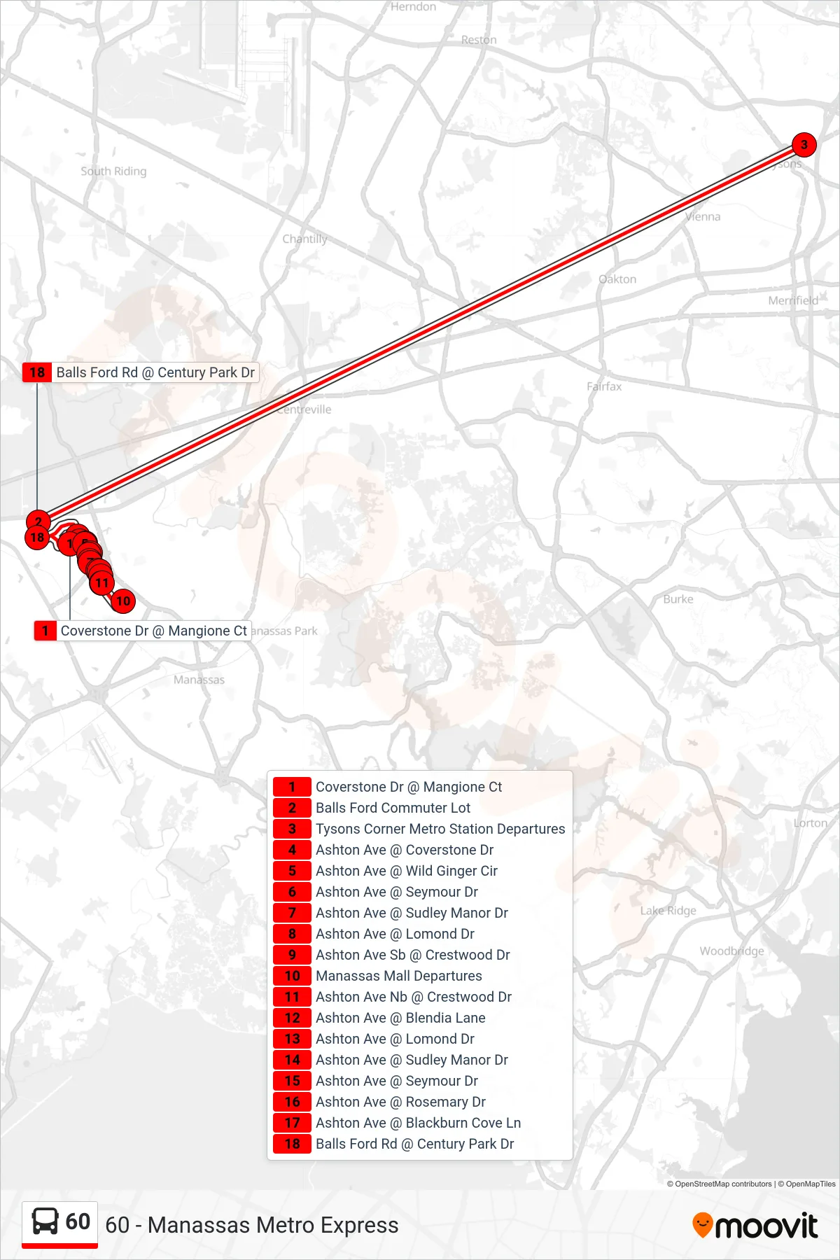60 bus Line (60 - Manassas Metro Express) route and stops on a map