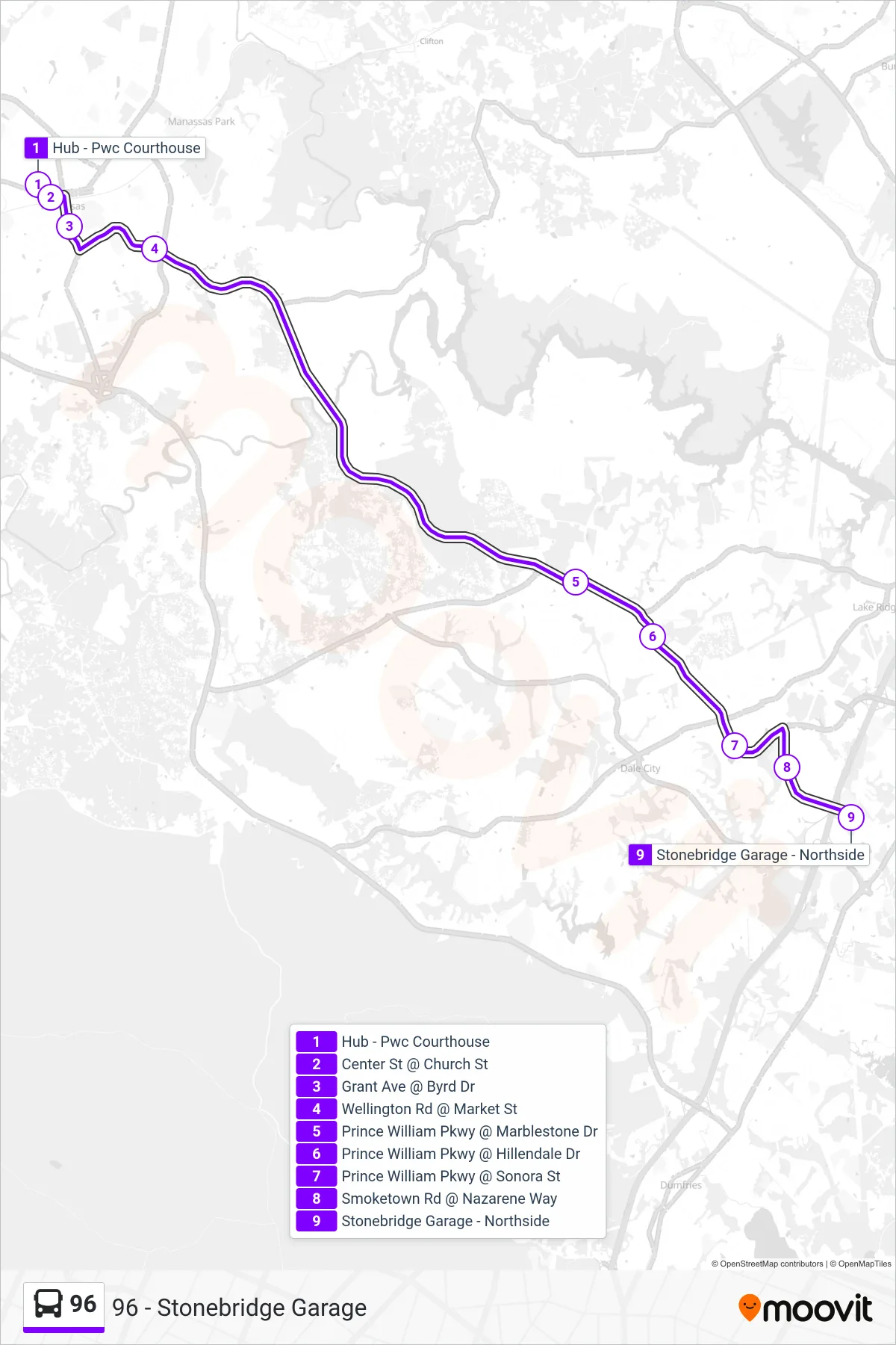 96 bus Line (96 - Stonebridge Garage) route and stops on a map