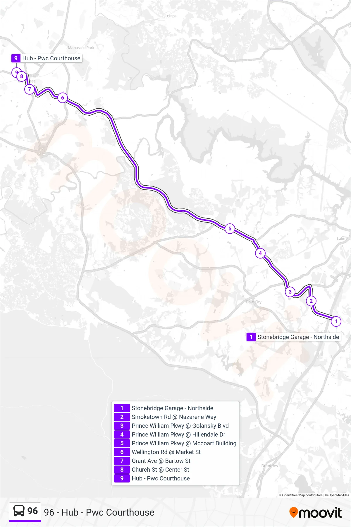 96 bus Line (96 - Hub - Pwc Courthouse) route and stops on a map