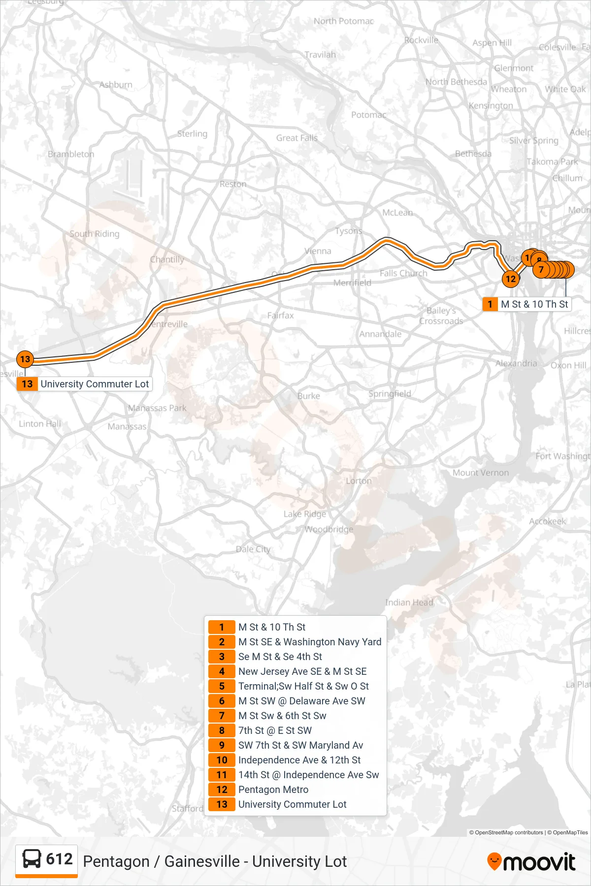 612 bus Line (Pentagon / Gainesville - University Lot) route and stops on a map