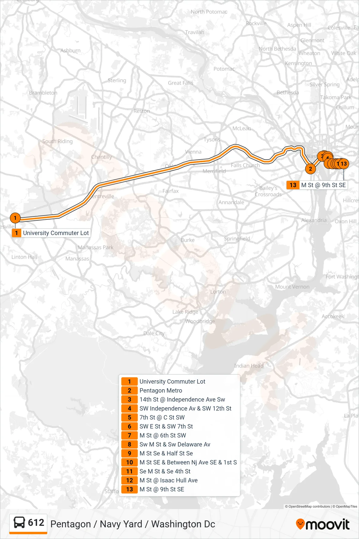 612 bus Line (Pentagon / Navy Yard / Washington Dc) route and stops on a map