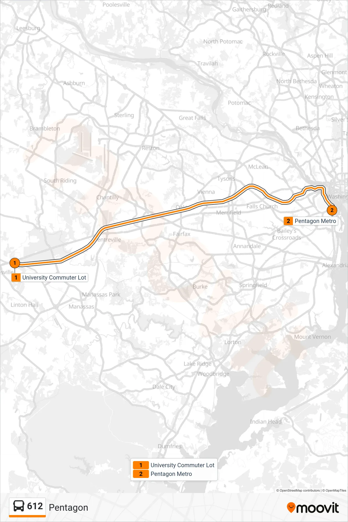 612 bus Line (Pentagon) route and stops on a map