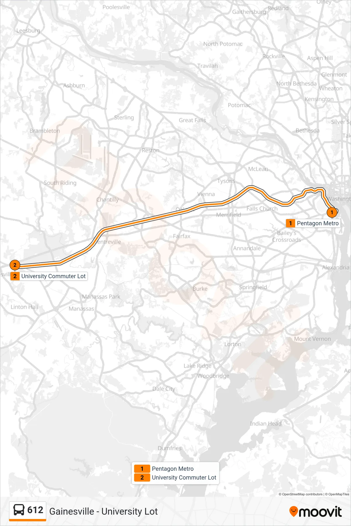 612 bus Line (Gainesville - University Lot) route and stops on a map