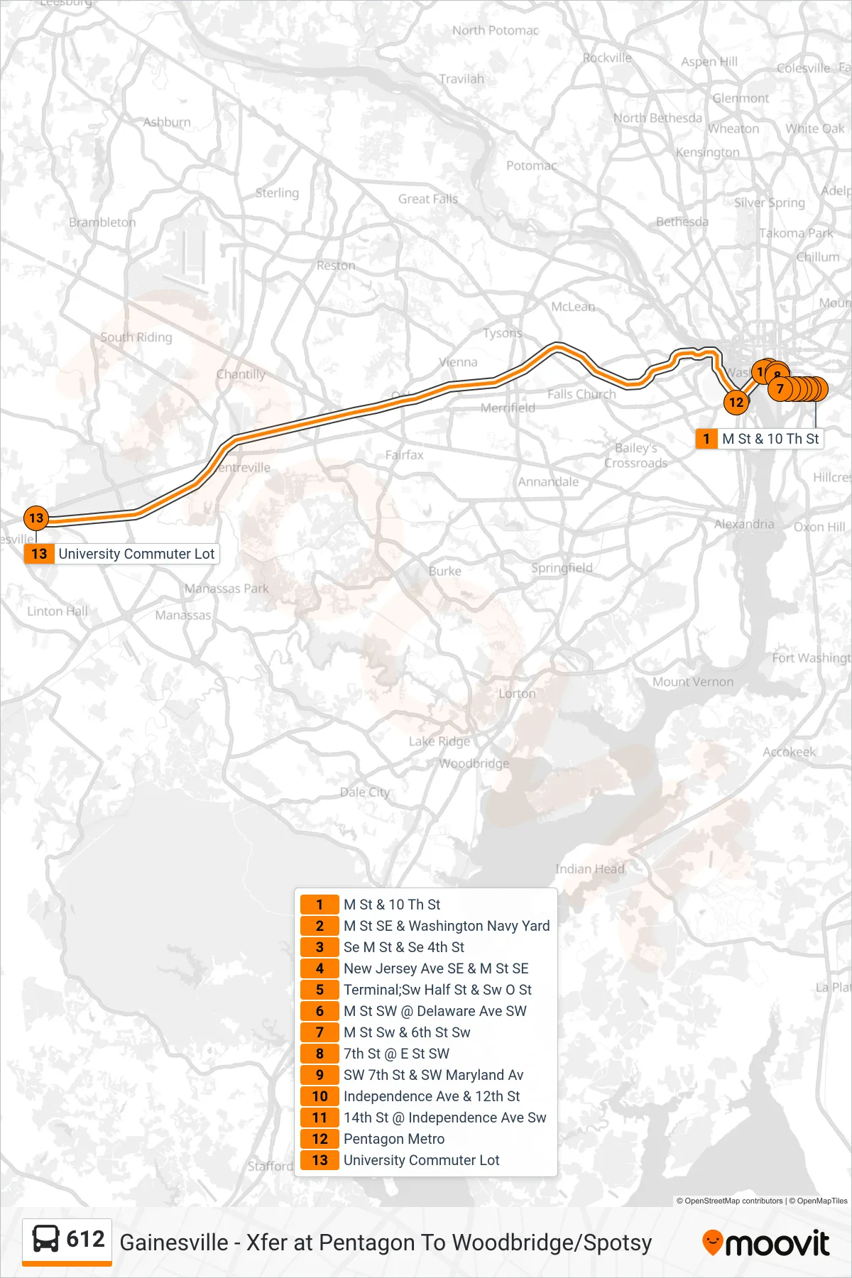 612 bus Line (Gainesville - Xfer at Pentagon To Woodbridge/Spotsy) route and stops on a map