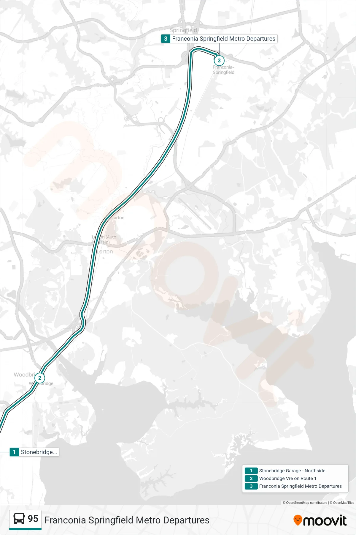 95 bus Line (Franconia Springfield Metro Departures) route and stops on a map
