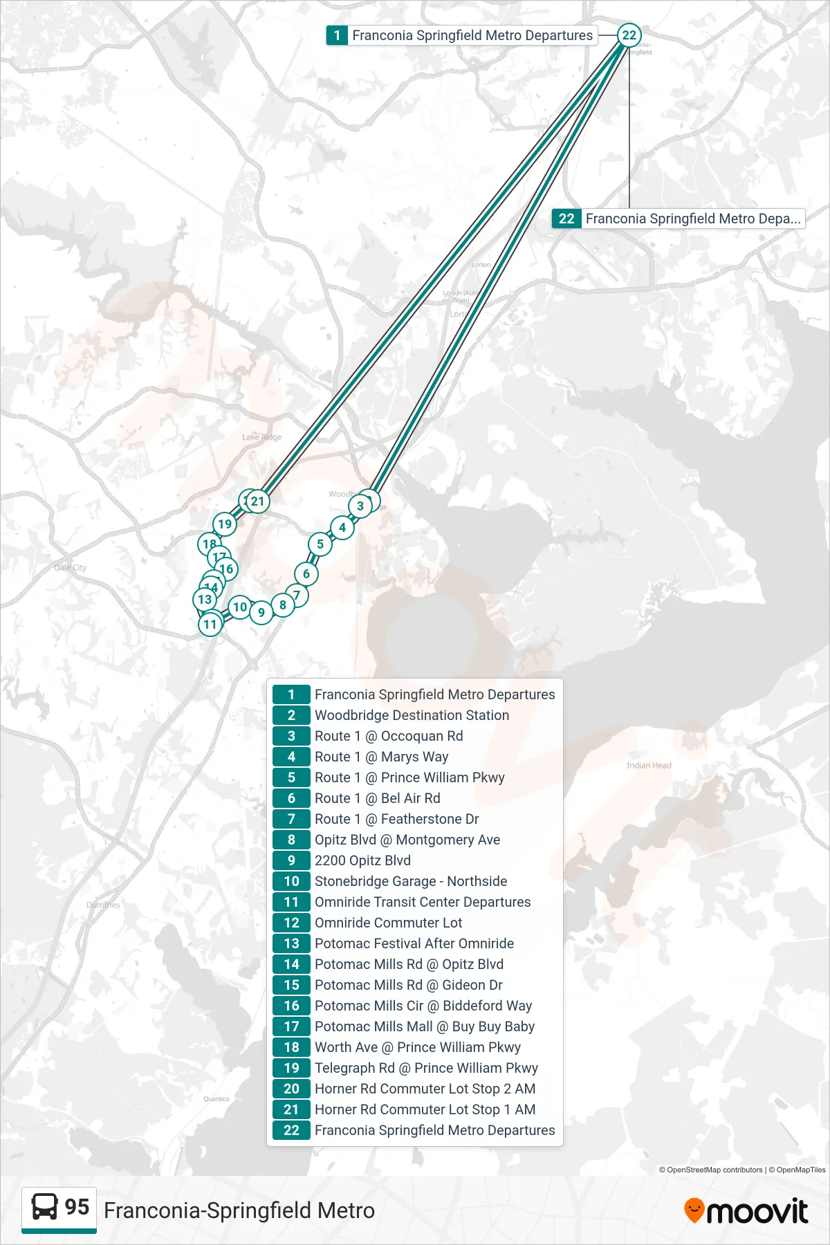 95 bus Line (Franconia-Springfield Metro) route and stops on a map
