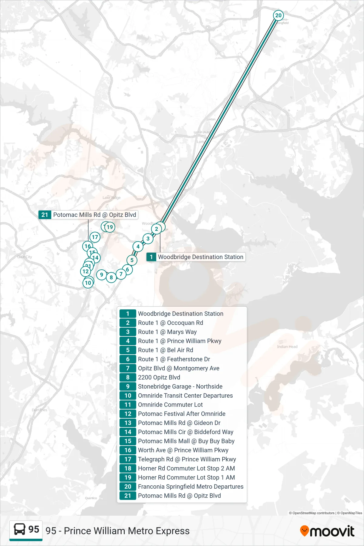 95 bus Line (95 - Prince William Metro Express) route and stops on a map