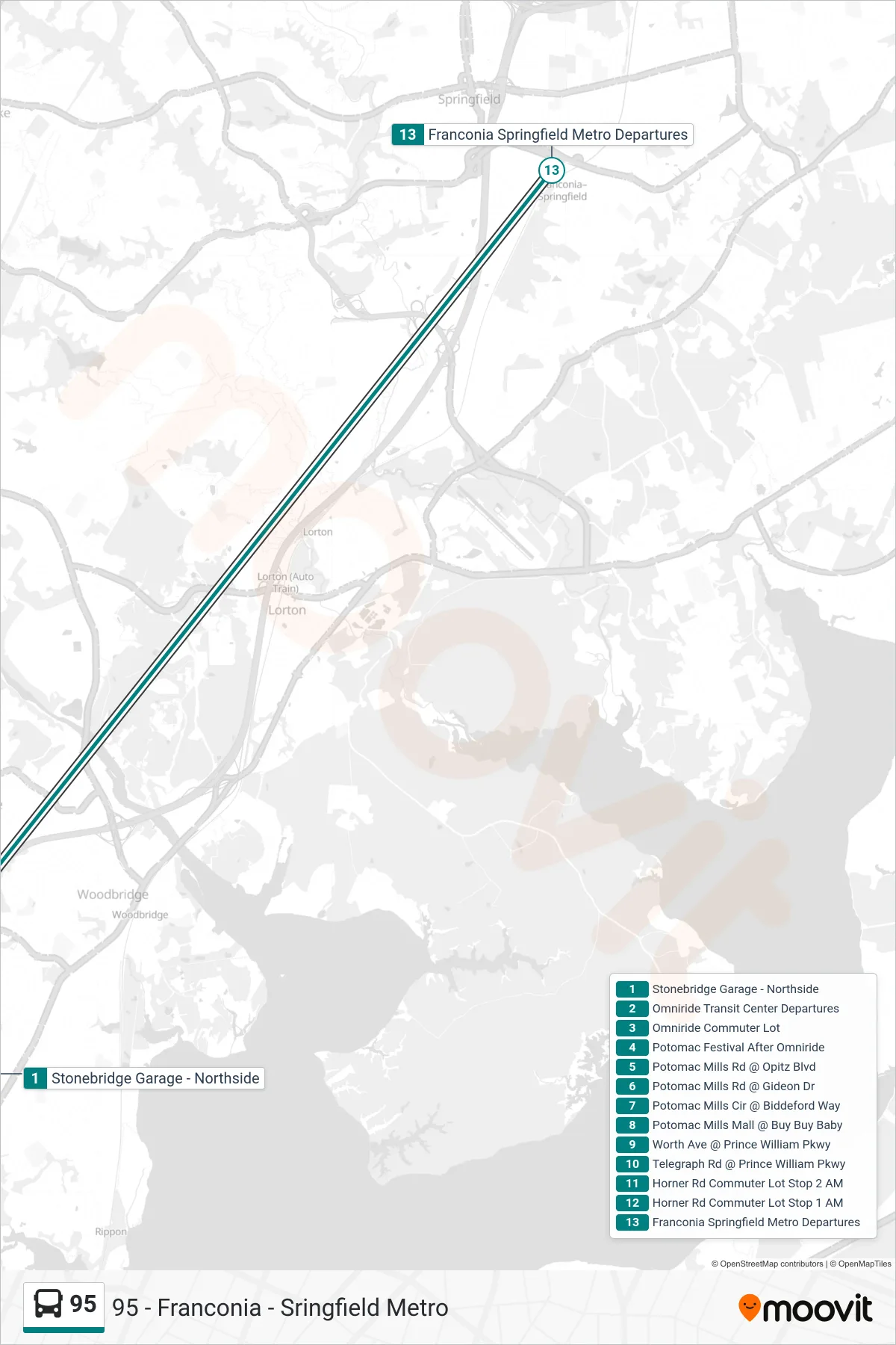 95 bus Line (95 - Franconia - Sringfield Metro) route and stops on a map