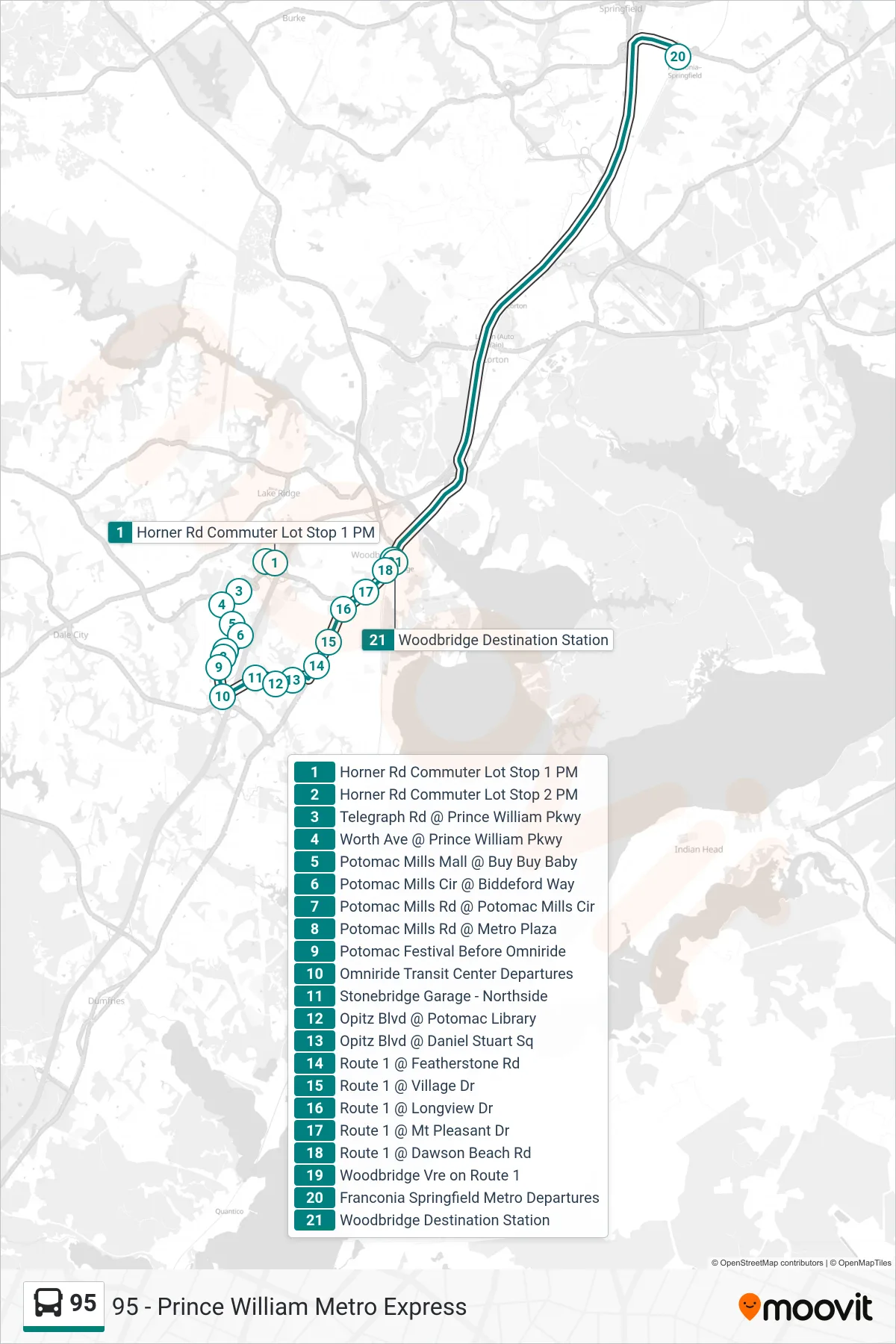95 bus Line (95 - Prince William Metro Express) route and stops on a map