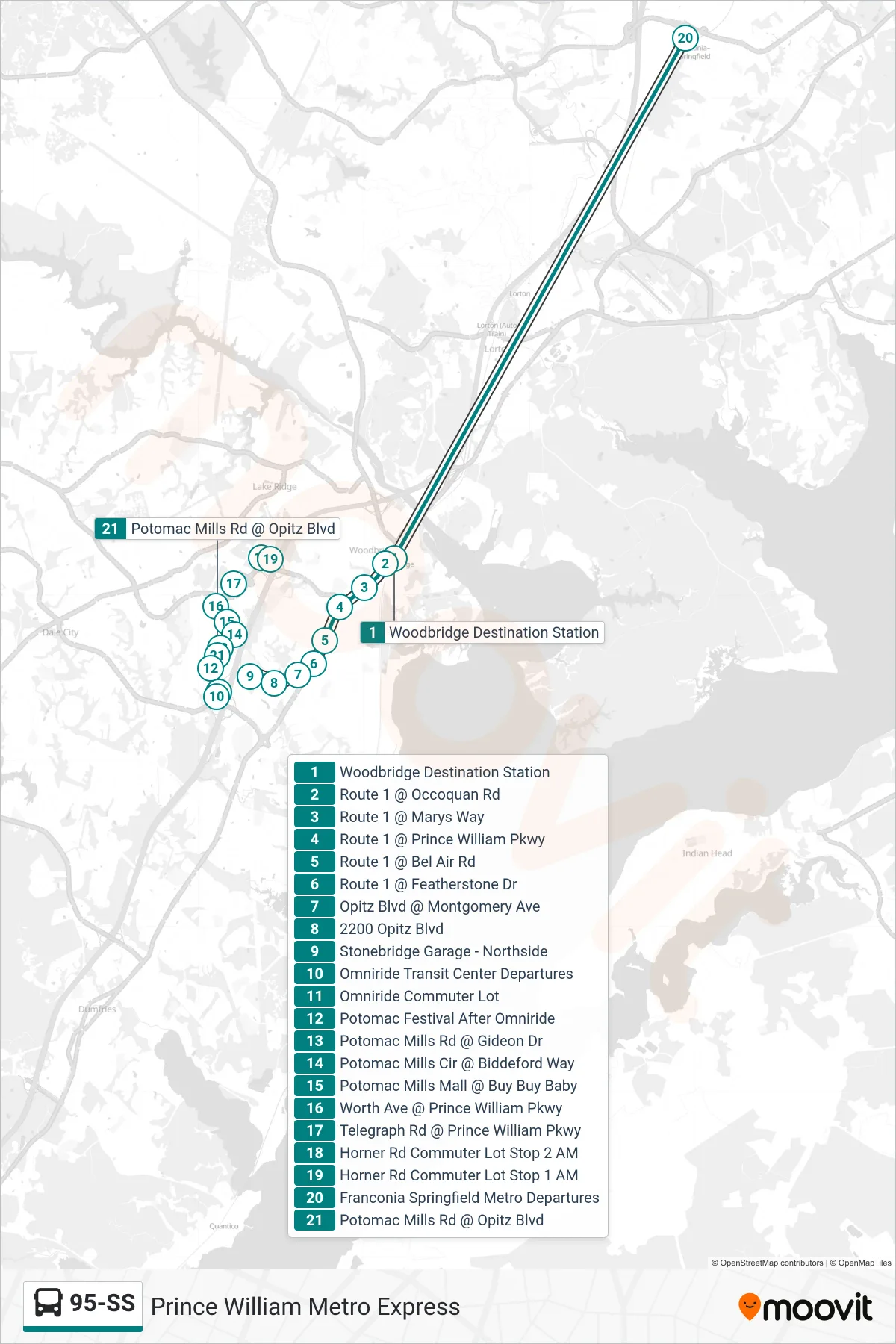 95-SS bus Line (Prince William Metro Express) route and stops on a map